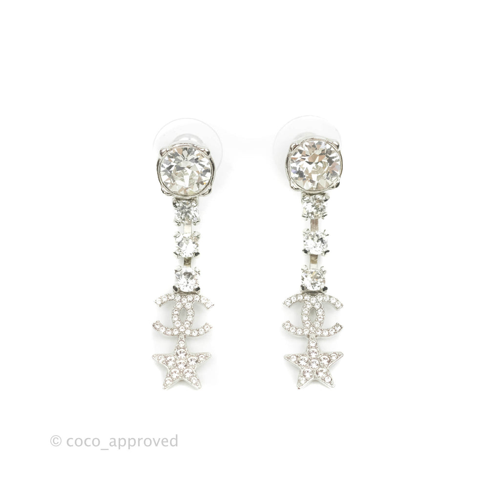 Chanel Crystal CC Star Drop Earrings Silver Tone 20P