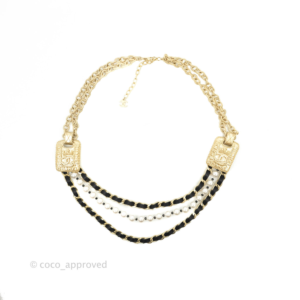 Chanel Crystal CC Pearl Chain Necklace Gold Tone 21A