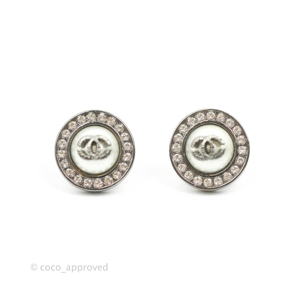 Chanel CC Pearl Crystal Round Earrings Gun Metal 21A