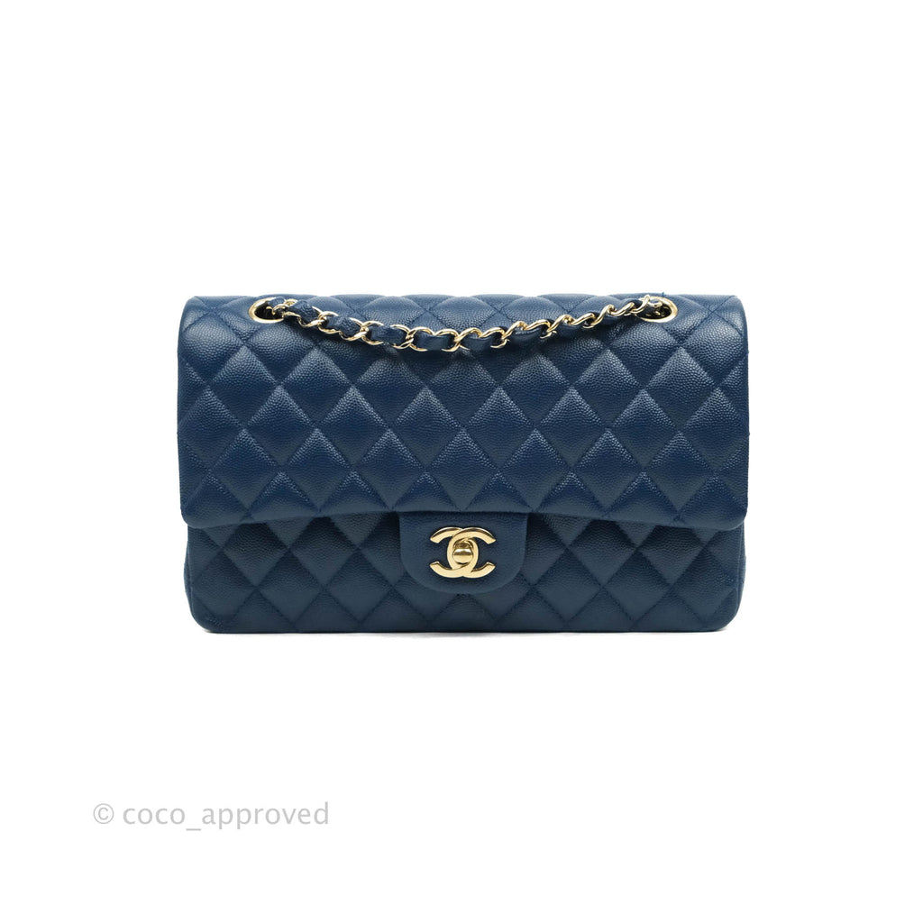 Chanel Quilted M/L Medium Double Flap Blue Caviar Gold Hardware