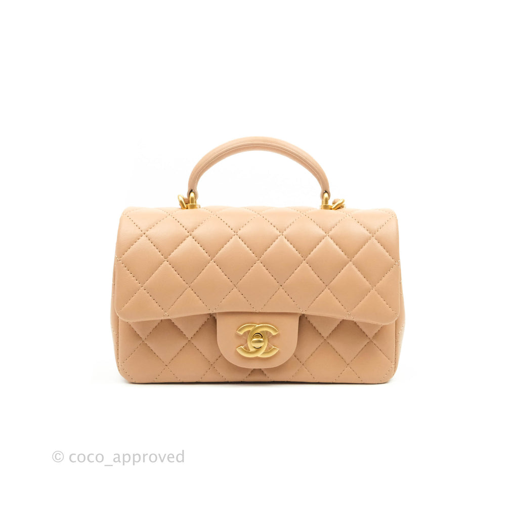 Chanel Top Handle Mini Rectangular Flap Bag Beige Lambskin Aged Gold Hardware