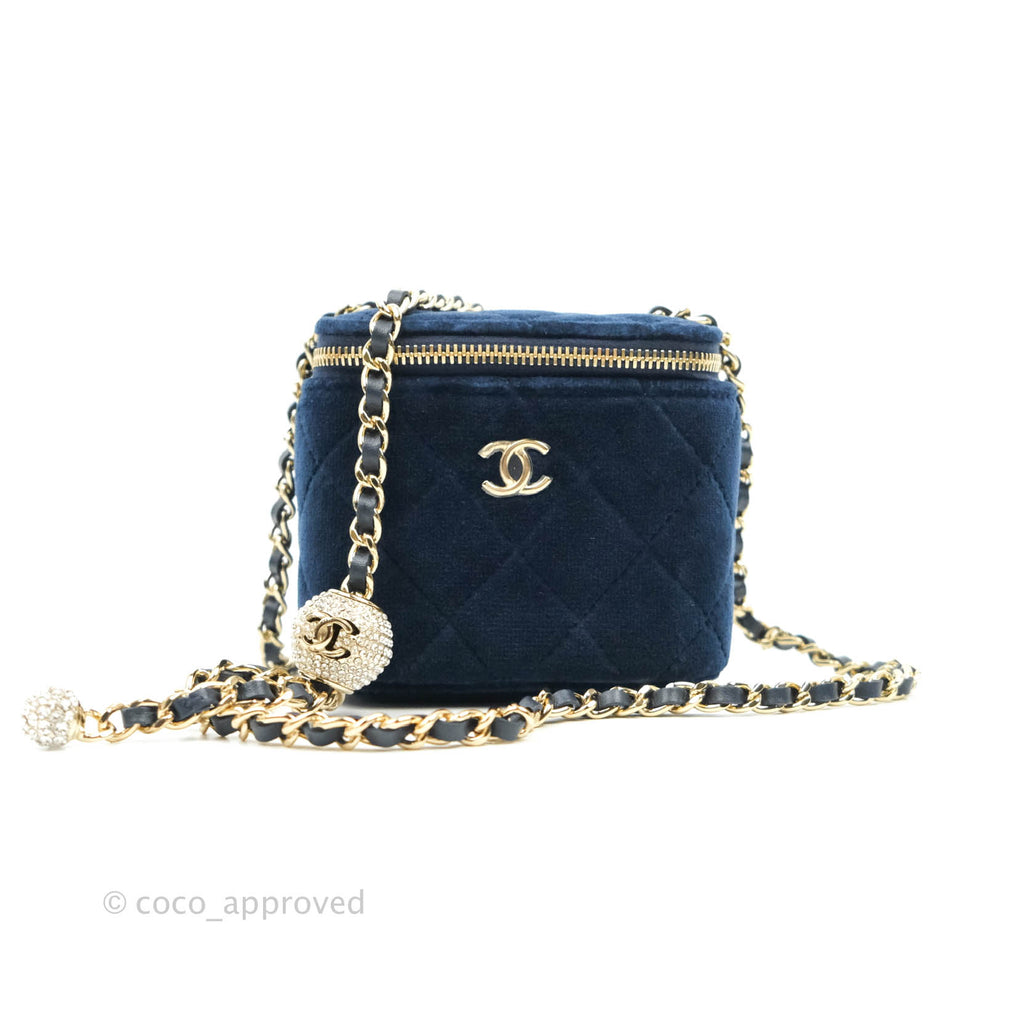 Chanel Classic Mini Crystal Pearl Crush Vanity With Chain Navy Velvet Gold Hardware