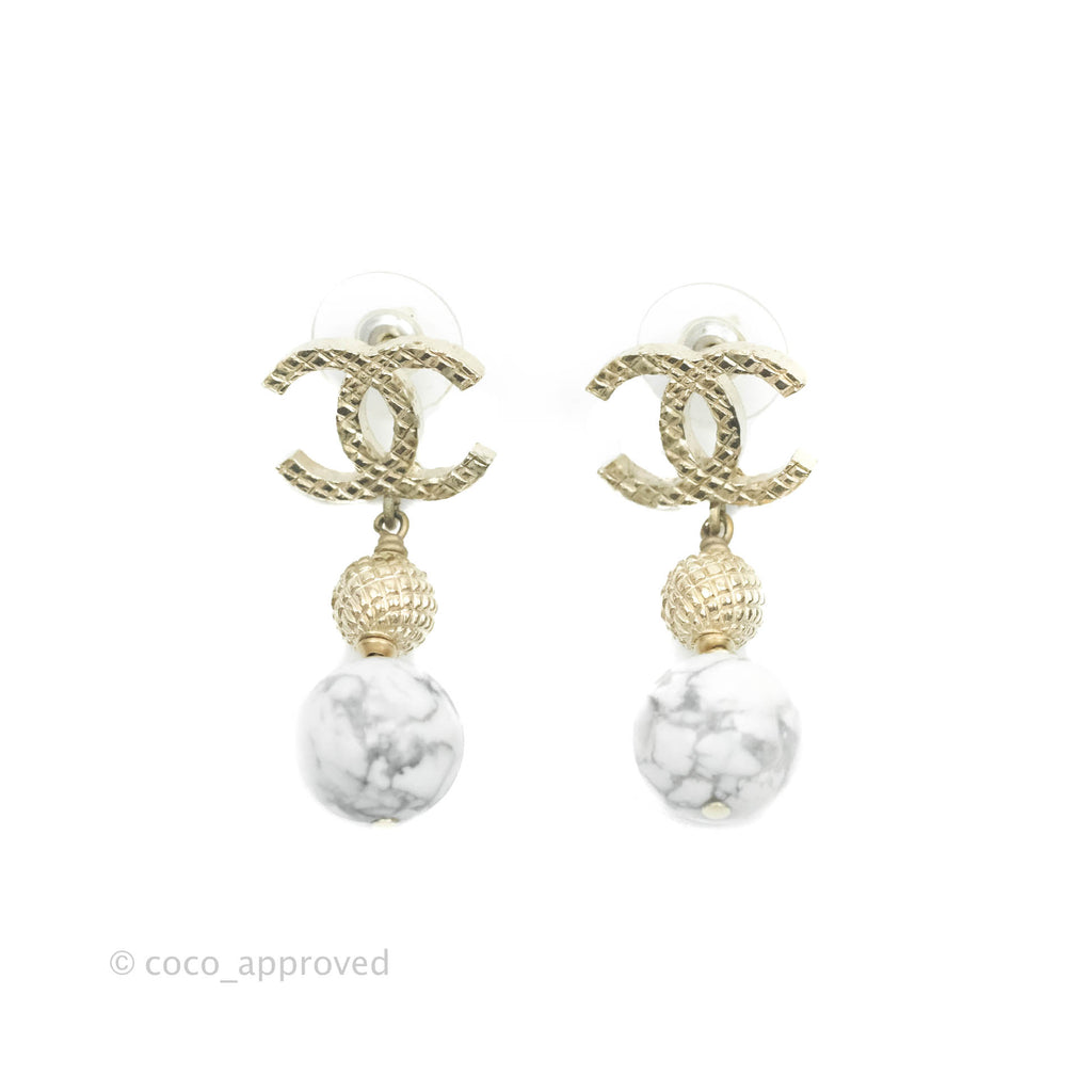 Chanel CC Drop Marble Earrings Gold Tone 16A