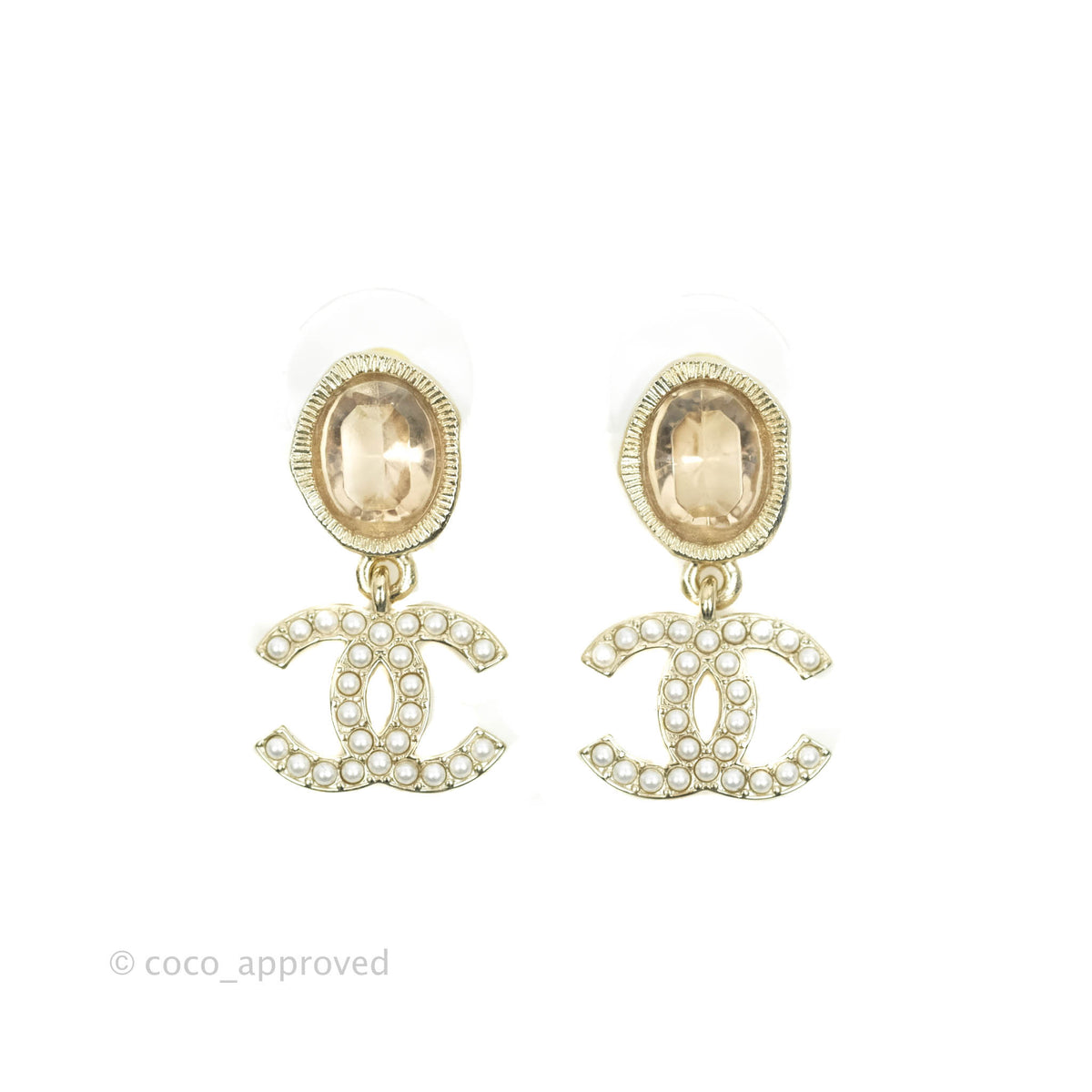 Chanel 21A Pearl Crystal CC Heart Drop Earrings Coco Neige