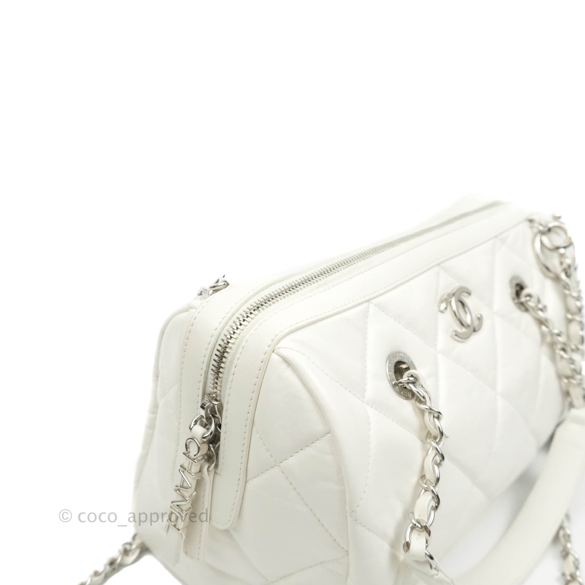 CHANEL, Bags, Chanel White Quilted Calfskin Leather Mini Featherweight Bowling  Bag Authentic