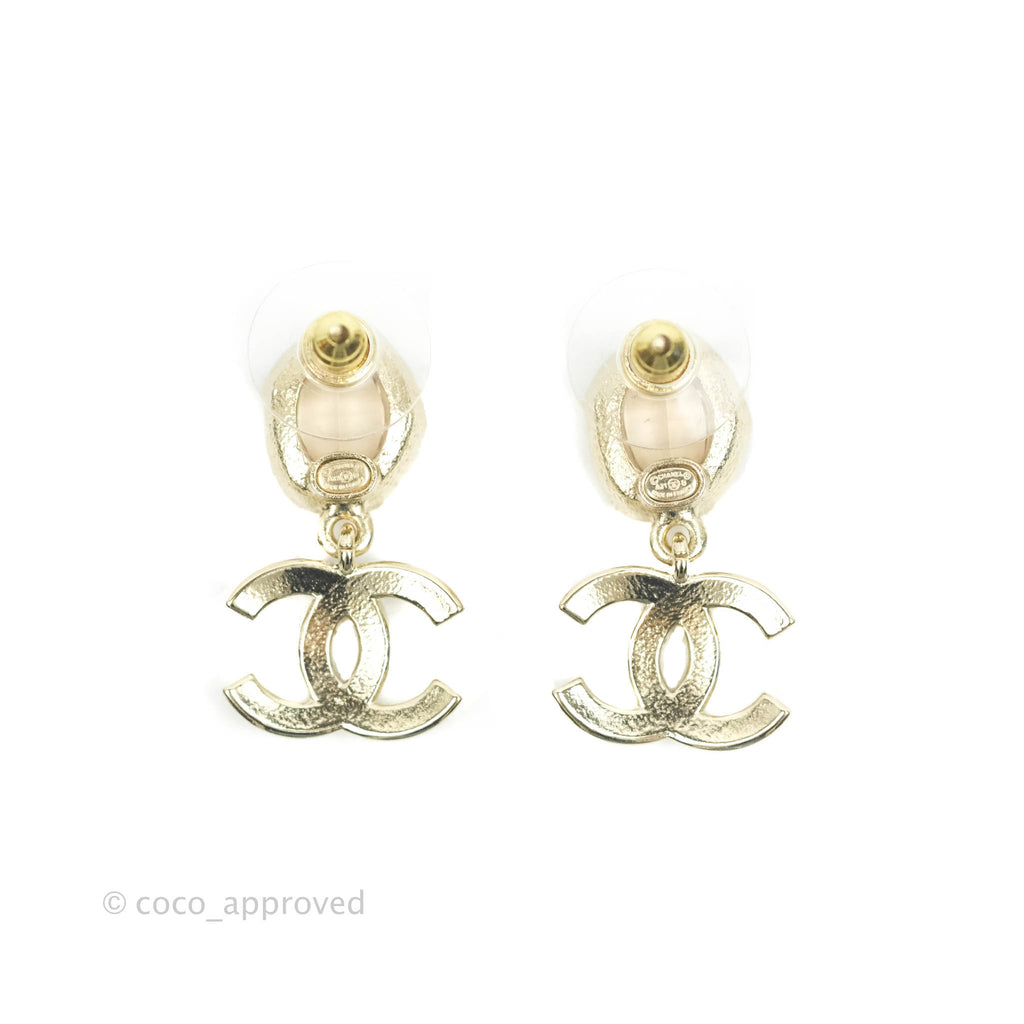 Chanel Champagne Resin Pearl CC Drop Earrings Gold Tone 21B