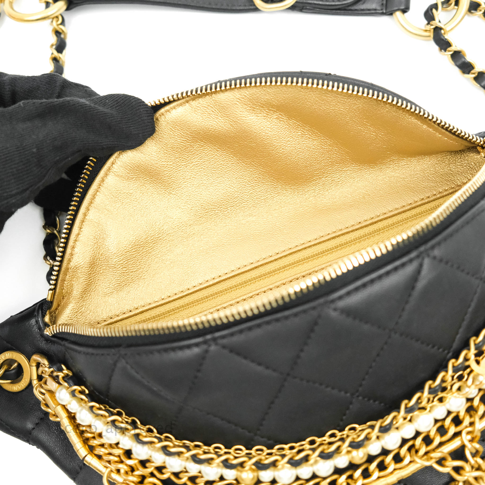 Chanel Quilted All About Chains Waist Belt Bag Black Lambskin Aged Gol –  Coco Approved Studio