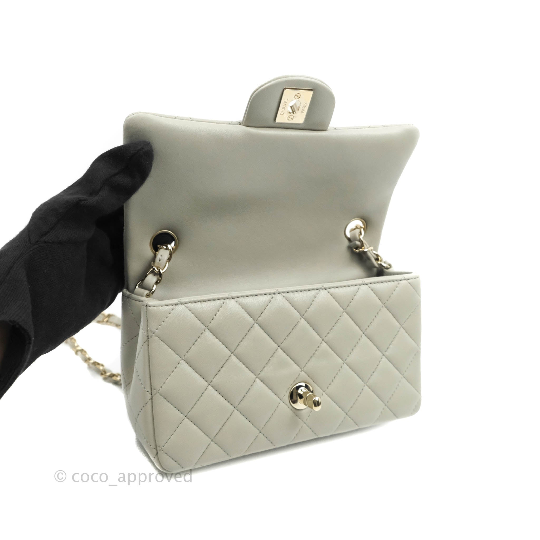 Chanel Quilted Mini Rectangular Flap Light Grey Lambskin Gold Hardware –  Coco Approved Studio