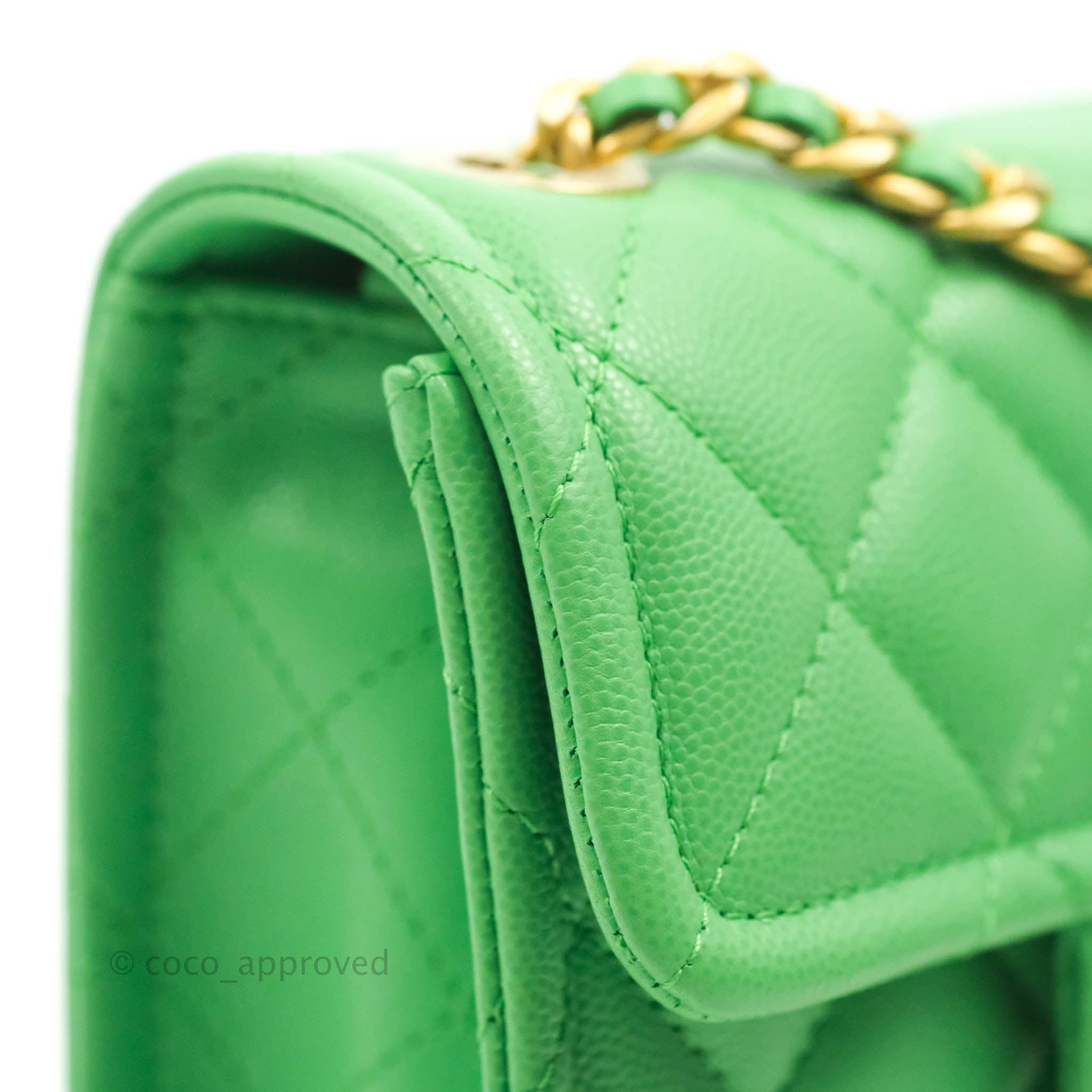 Chanel Mini Square Sweet Quilted Flap Green Caviar Aged Gold