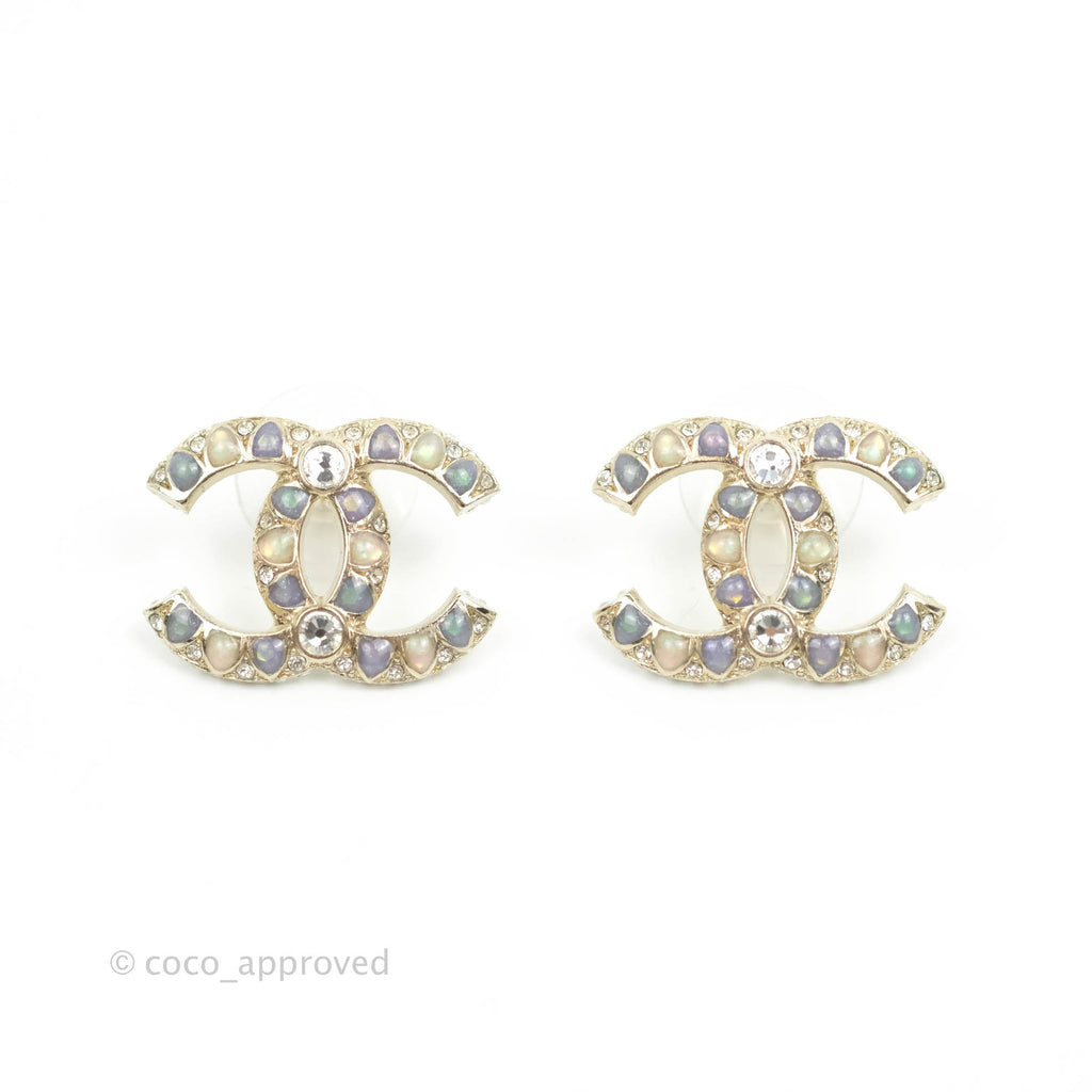 Chanel Stone Crystal CC Earrings Gold Tone 19A