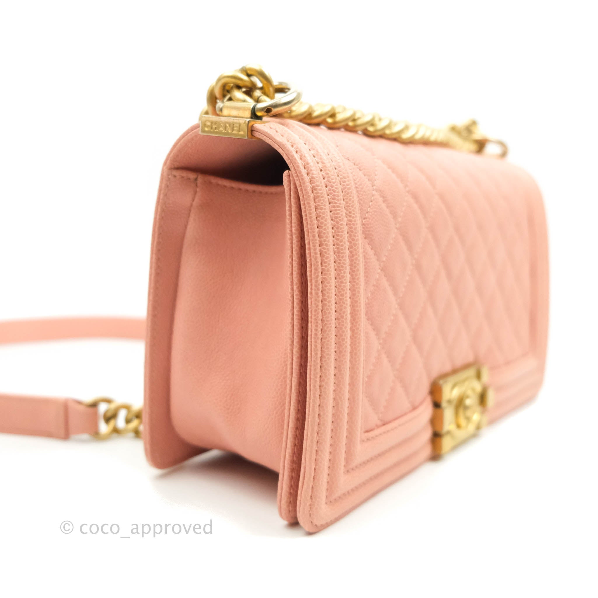 Chanel Quilted Medium Boy Bag Pink Caviar Aged Gold Hardware – Coco  Approved Studio