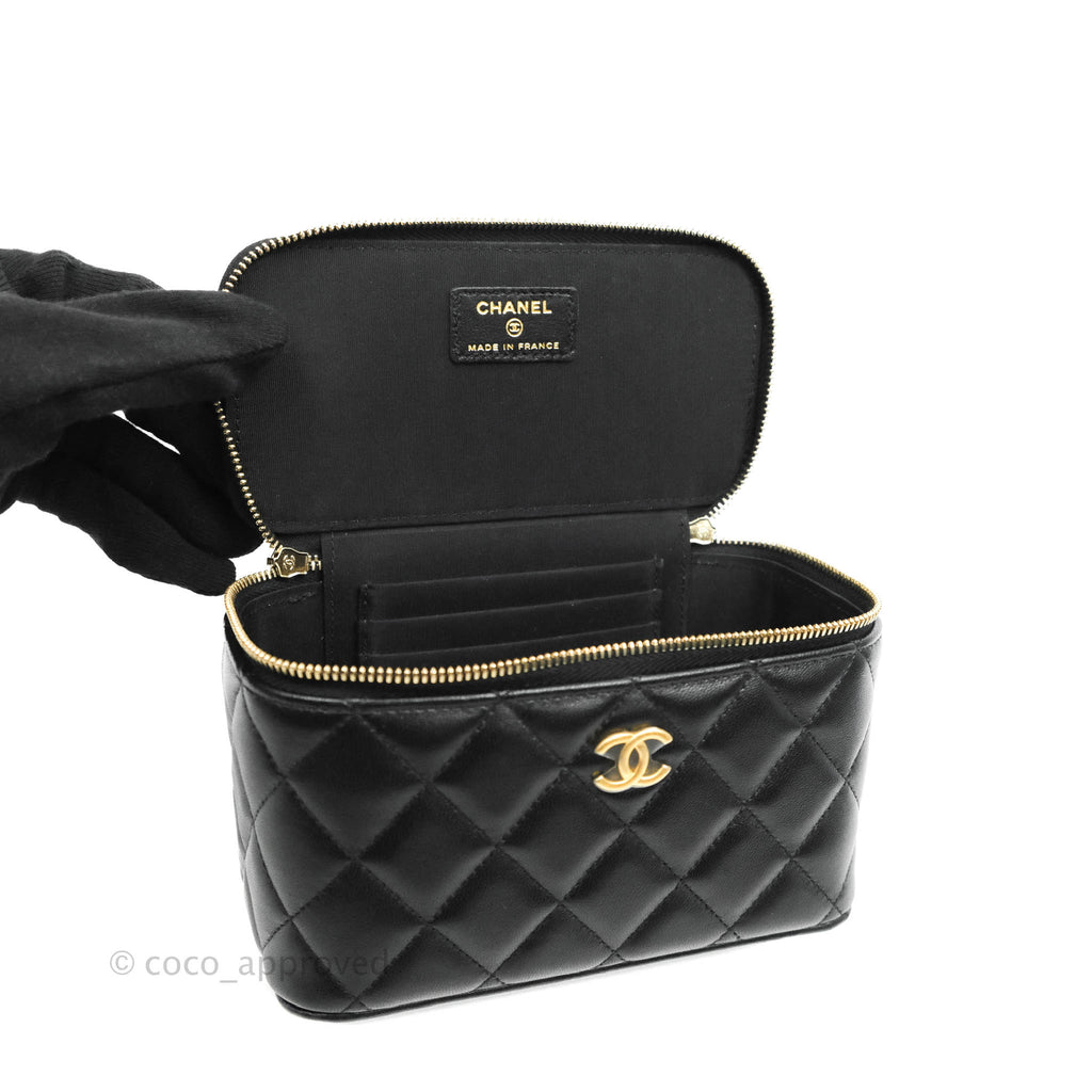 Chanel Classic Vanity Rectangular Top Handle With Chain Black Lambskin Aged Gold Hardware