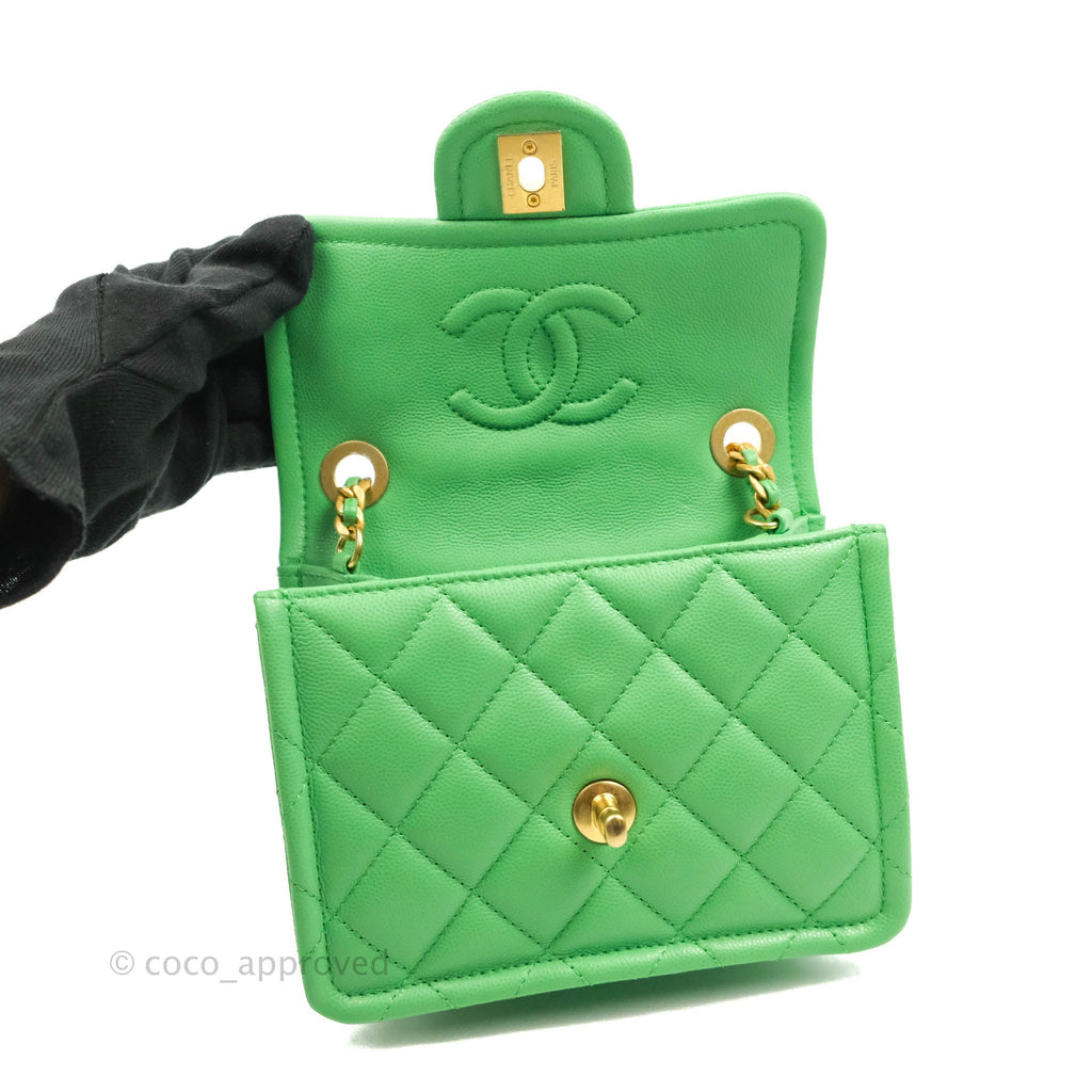 Chanel Mini Square Quilted Flap Green Caviar Aged Gold Hardware