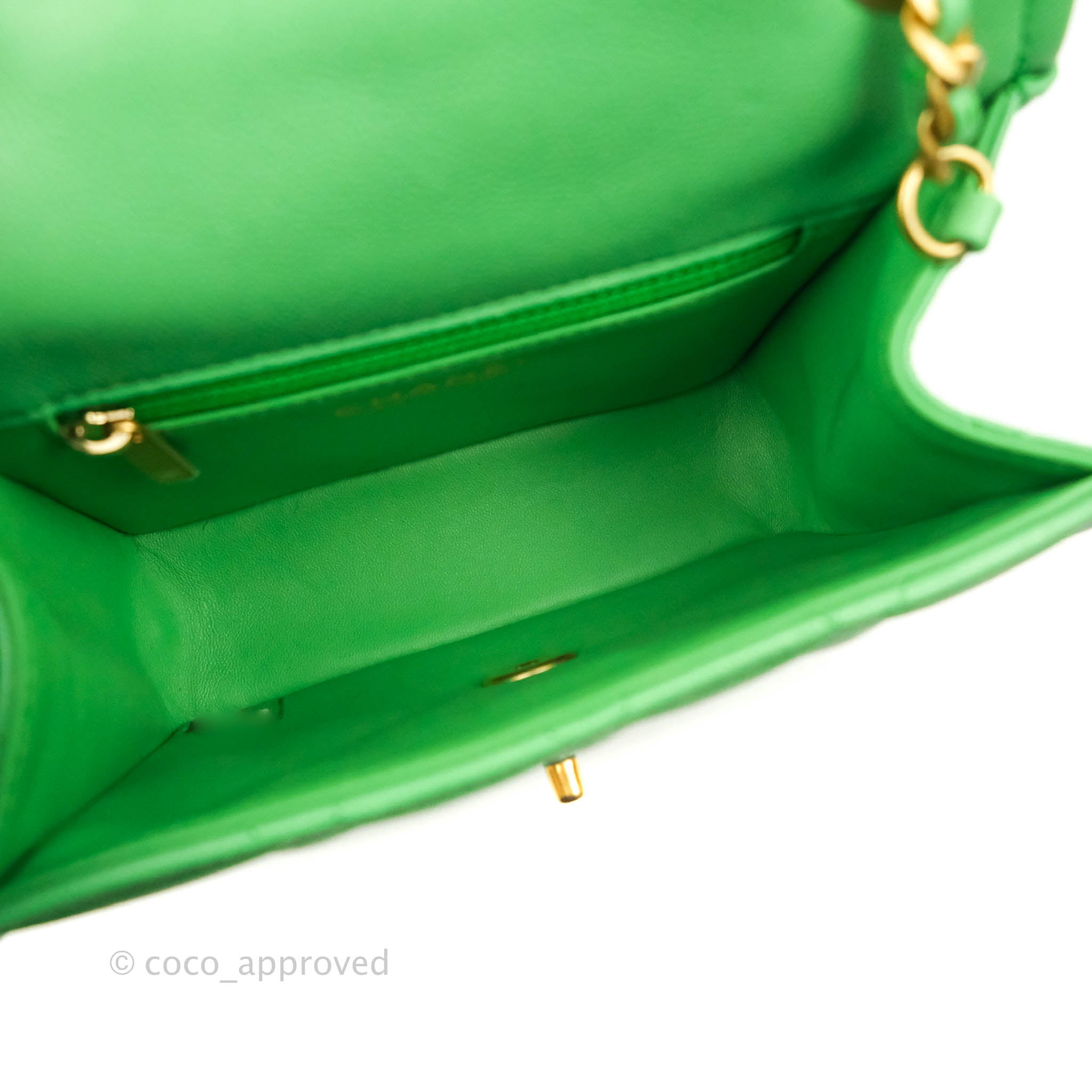 Chanel Quilted Lambskin Green Iridescent Rectangular Mini Single Flap Light Gold Hardware, 2022 (Like New), Green/Silver Womens Handbag