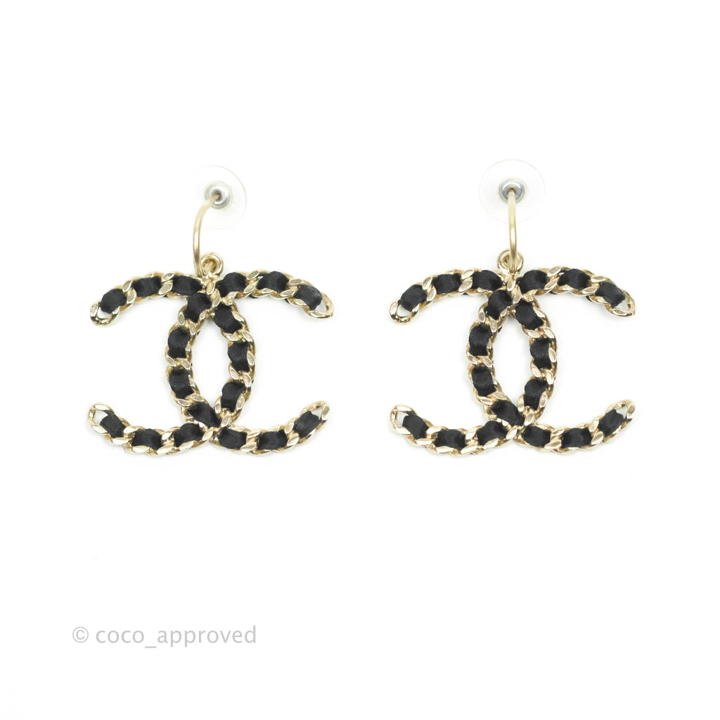 Chanel CC Chain Braided Black Satin Drop Earrings Gold Hardware 13C