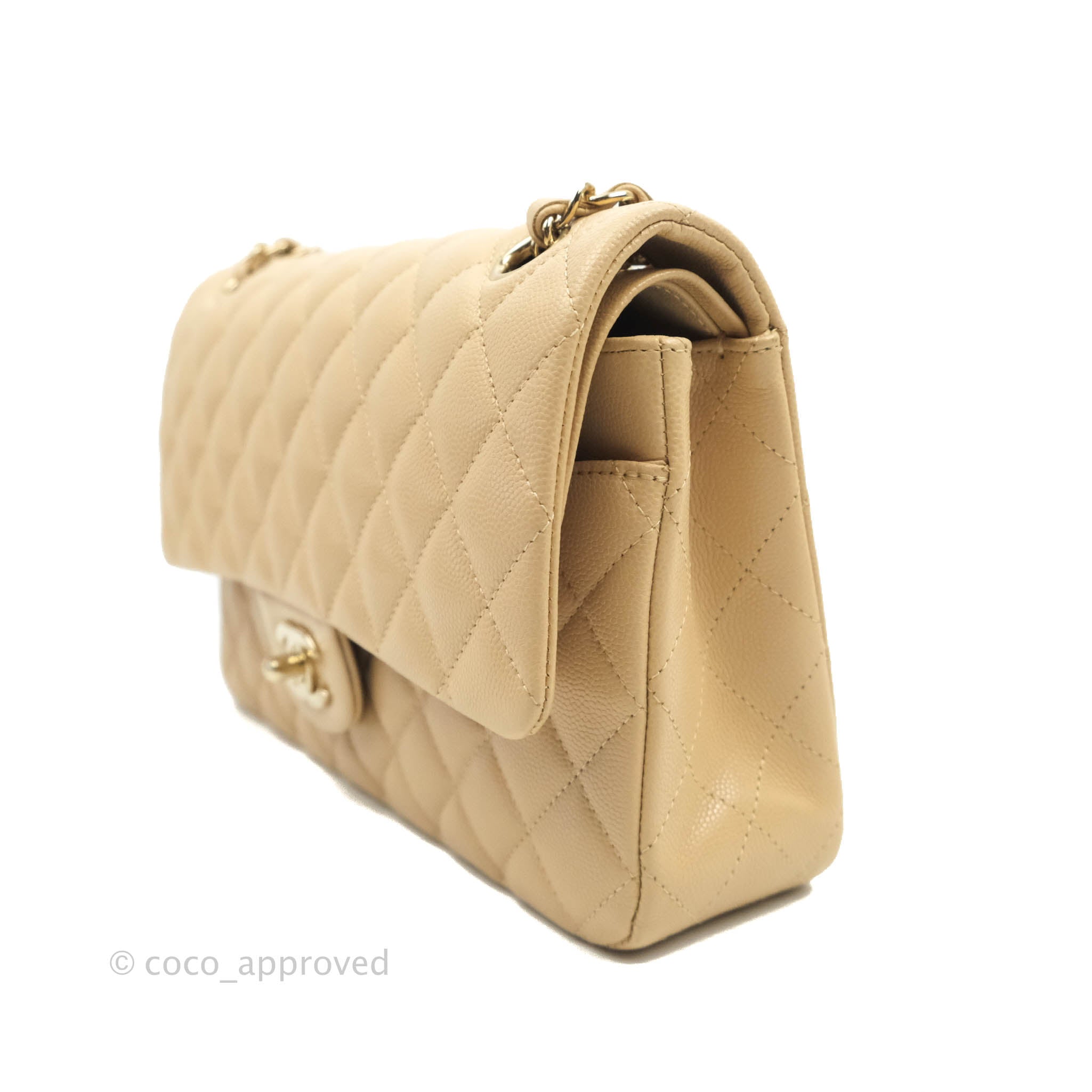 Chanel Quilted M/L Medium Double Flap Beige Caviar Gold Hardware