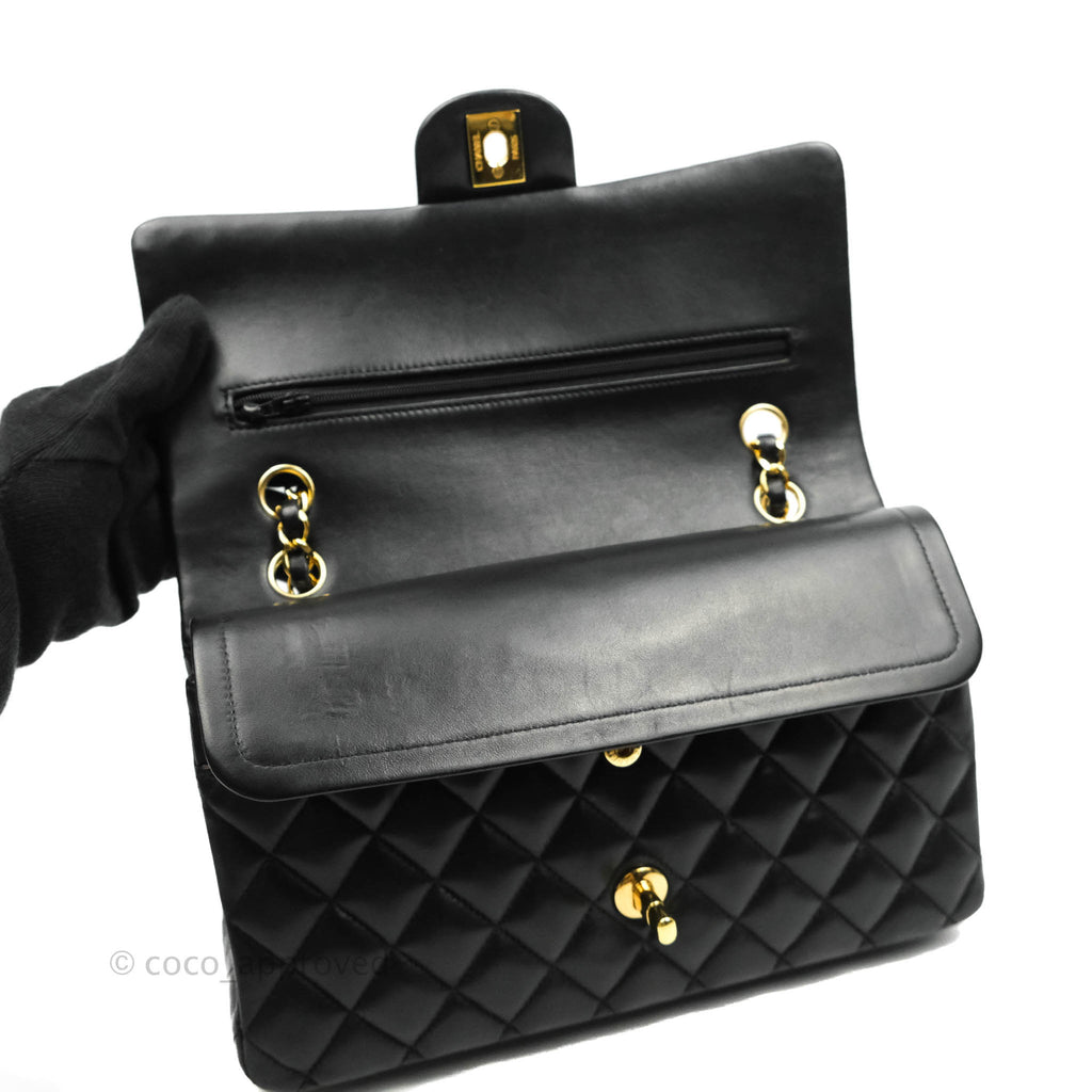 Chanel Classic M/L Medium Double Flap Black Lambskin Gold Hardware