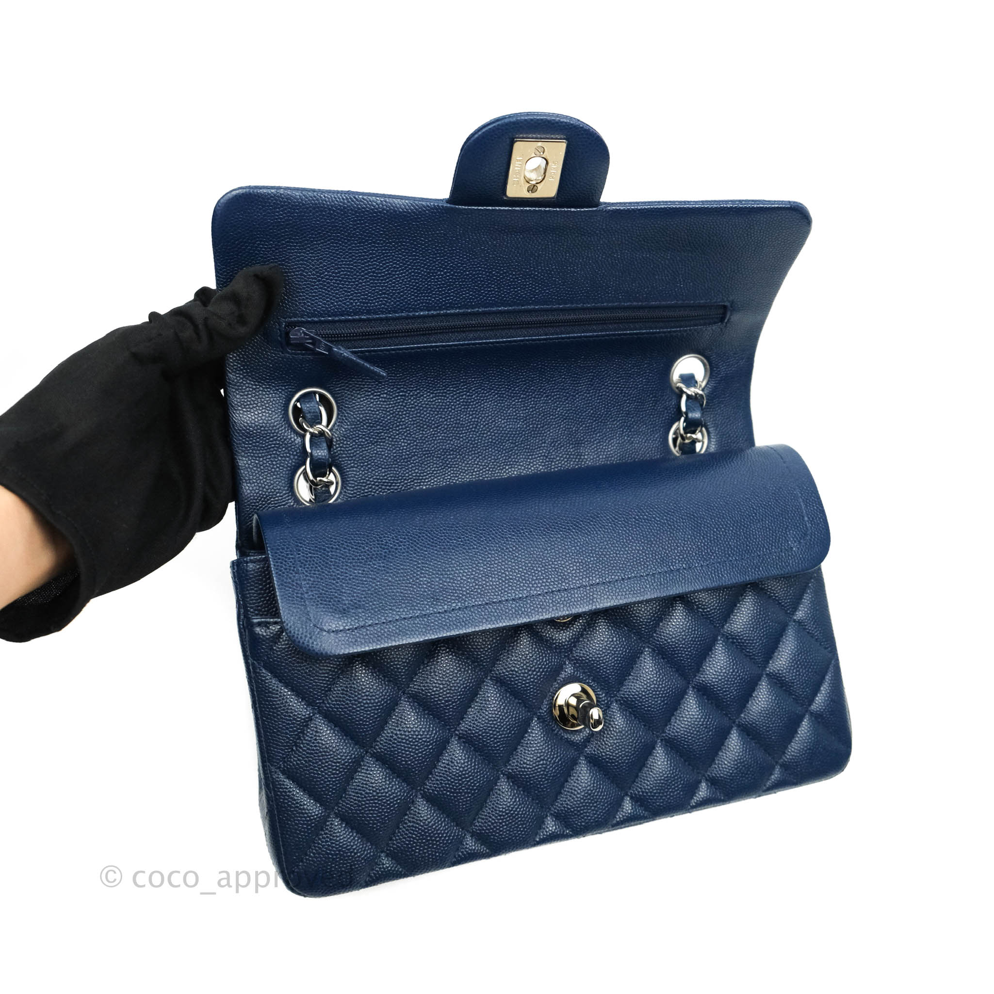 Chanel Classic Small S/M Flap Dark Blue Caviar Silver Hardware 17B – Coco  Approved Studio