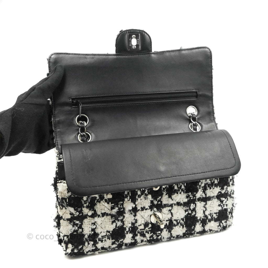 Chanel Quilted M/L Medium Double Flap Black White Tweed Silver Hardware
