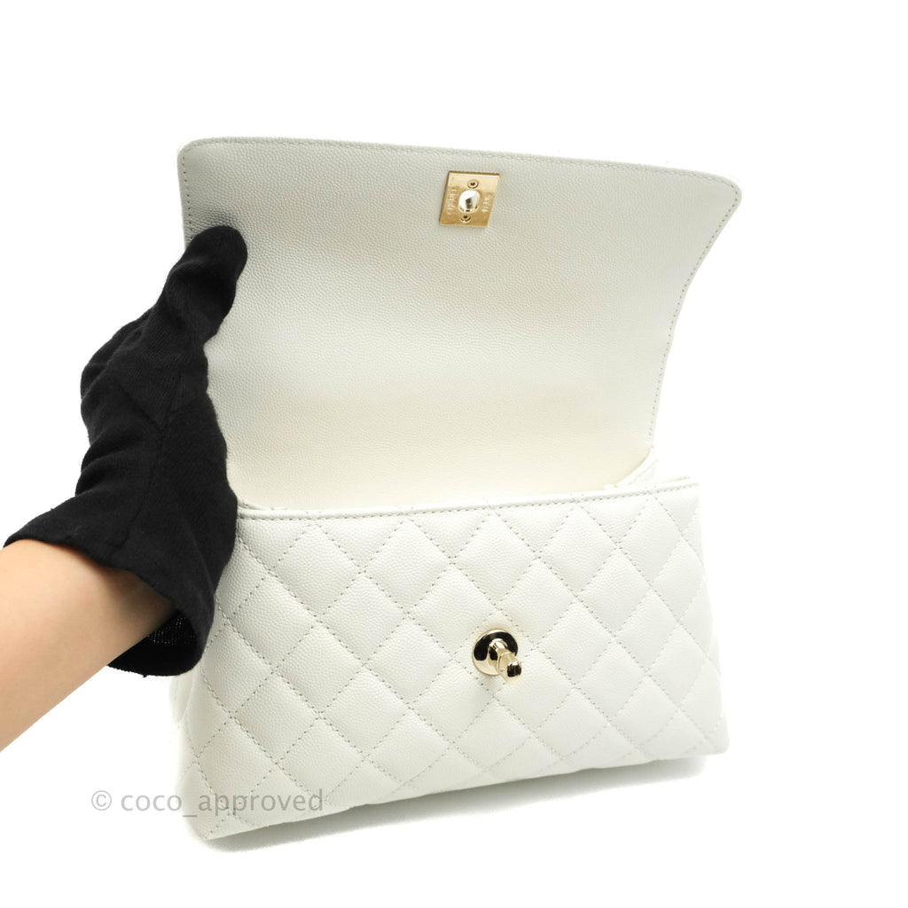 Chanel Mini Quilted Coco Handle White Caviar Gold Hardware