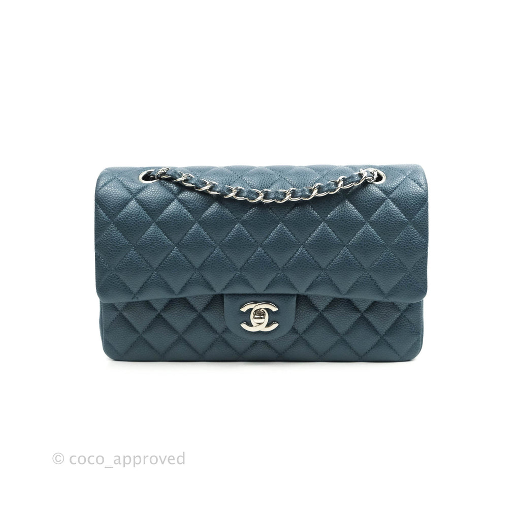 Chanel Classic M/L Medium Double Flap Grey Blue Caviar Silver Hardware