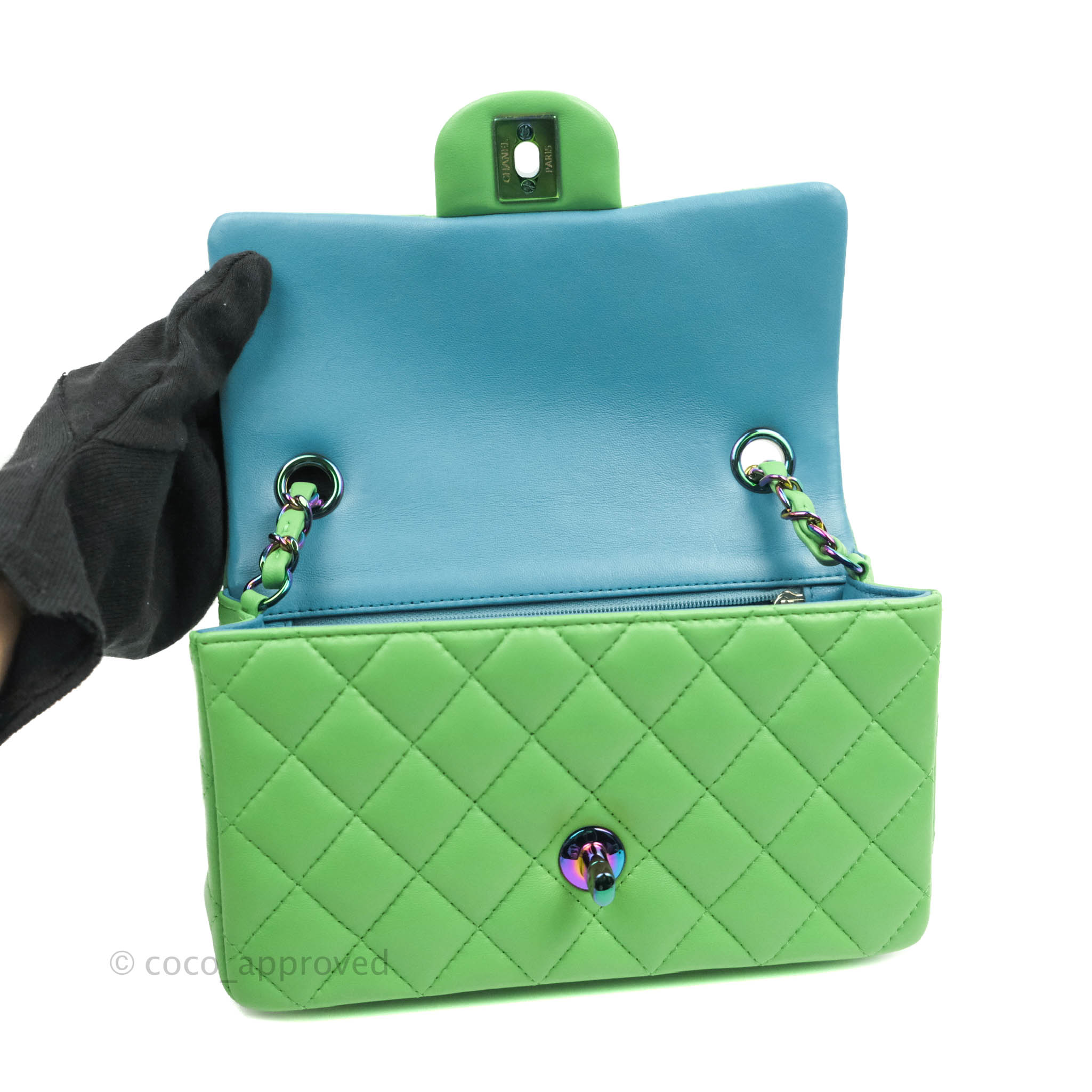 Chanel Mini Rectangular Green Lambskin Rainbow Hardware – Coco Approved  Studio