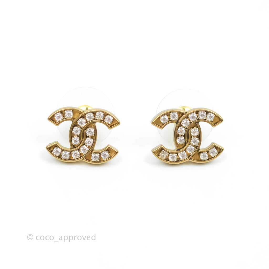 Chanel Crystal CC Earrings Gold Tone 21V