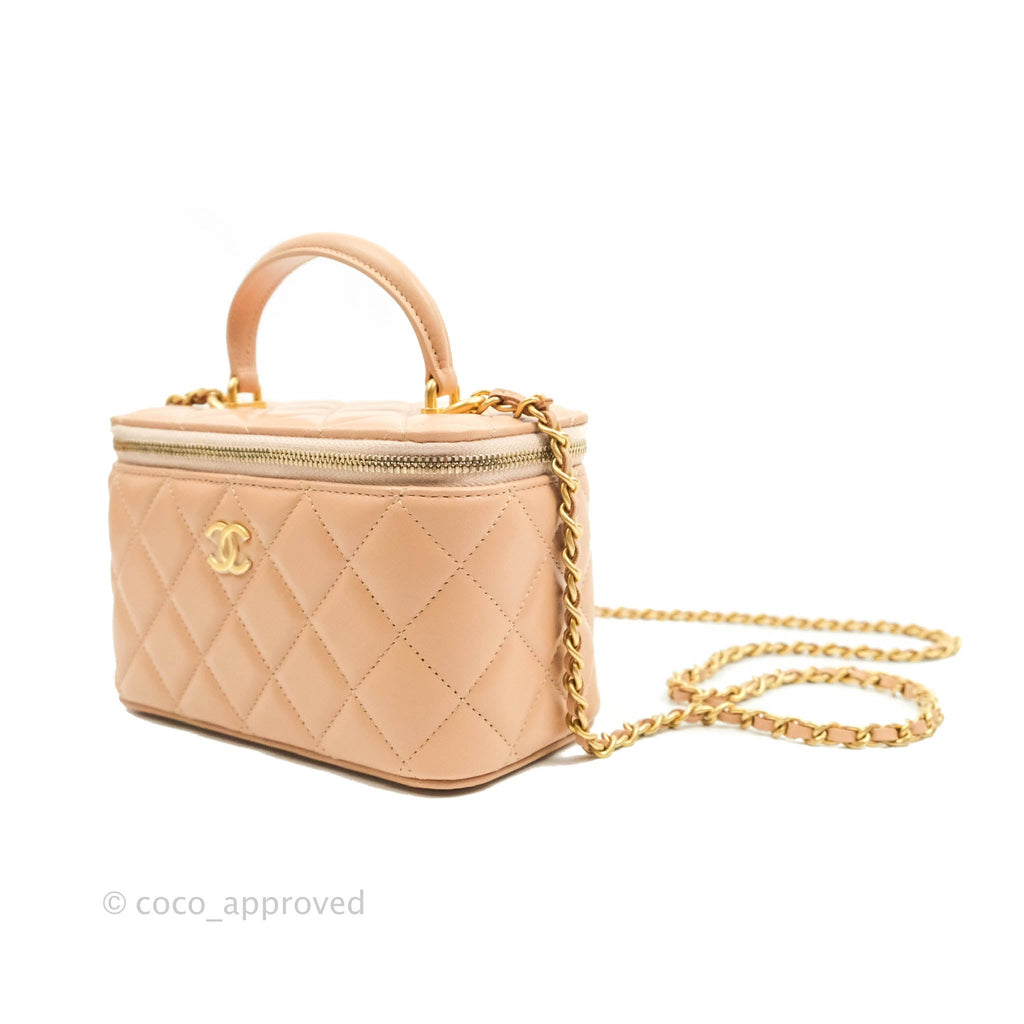 Chanel Classic Vanity Rectangular Top Handle With Chain Beige Lambskin Aged Gold Hardware