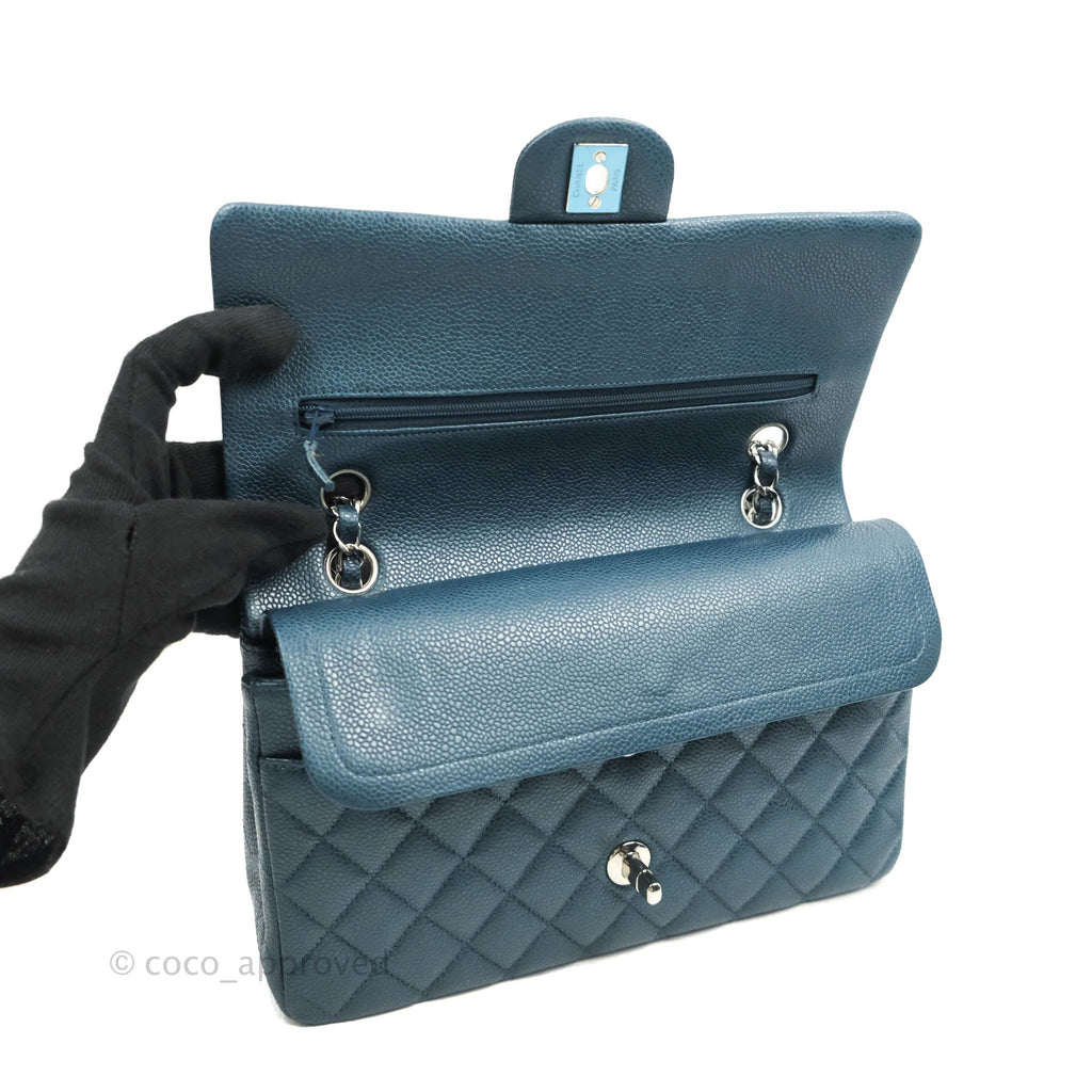 Chanel Classic M/L Medium Double Flap Grey Blue Caviar Silver Hardware