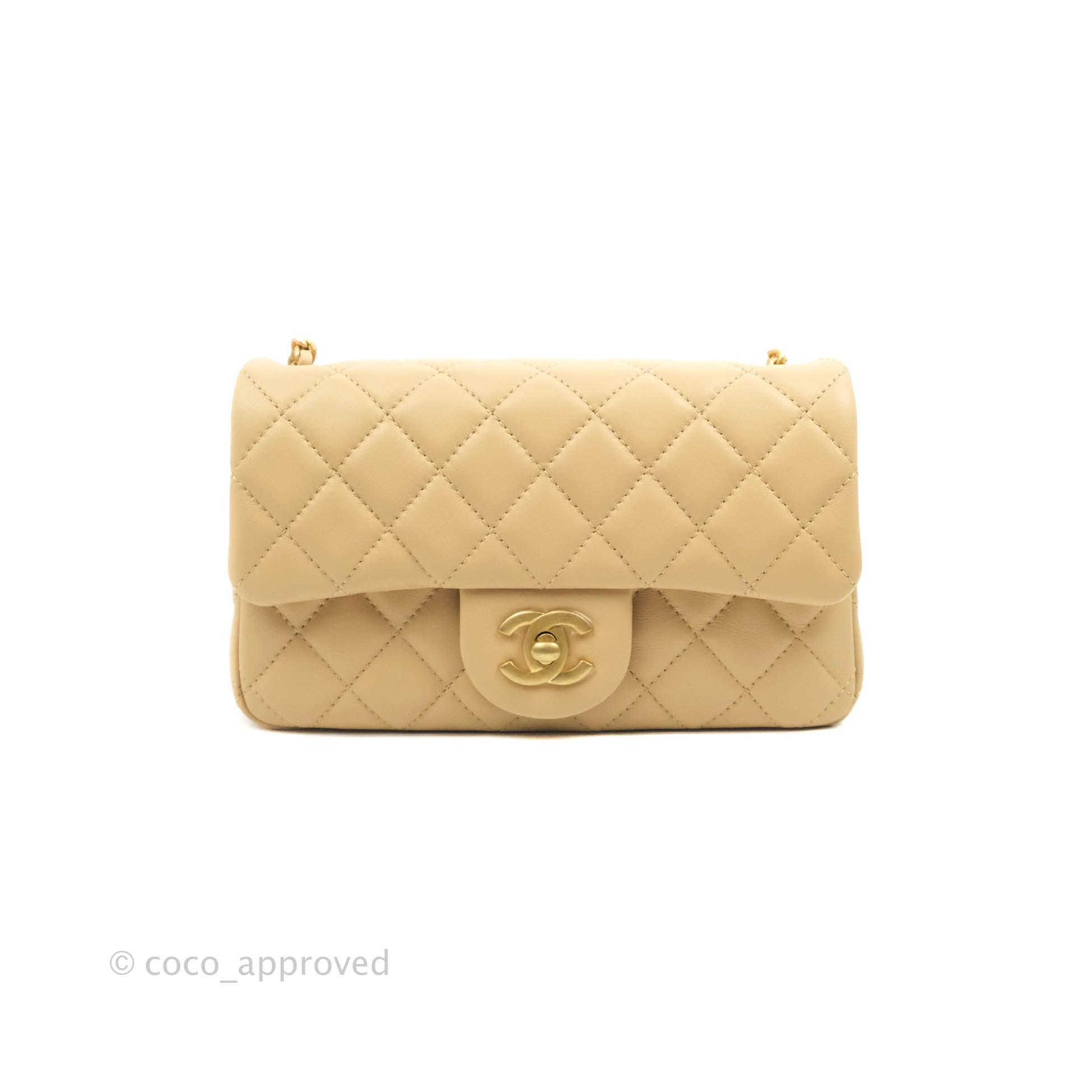 Chanel Mini Rectangular Pearl Crush Quilted Beige Lambskin Aged Gold H –  Coco Approved Studio