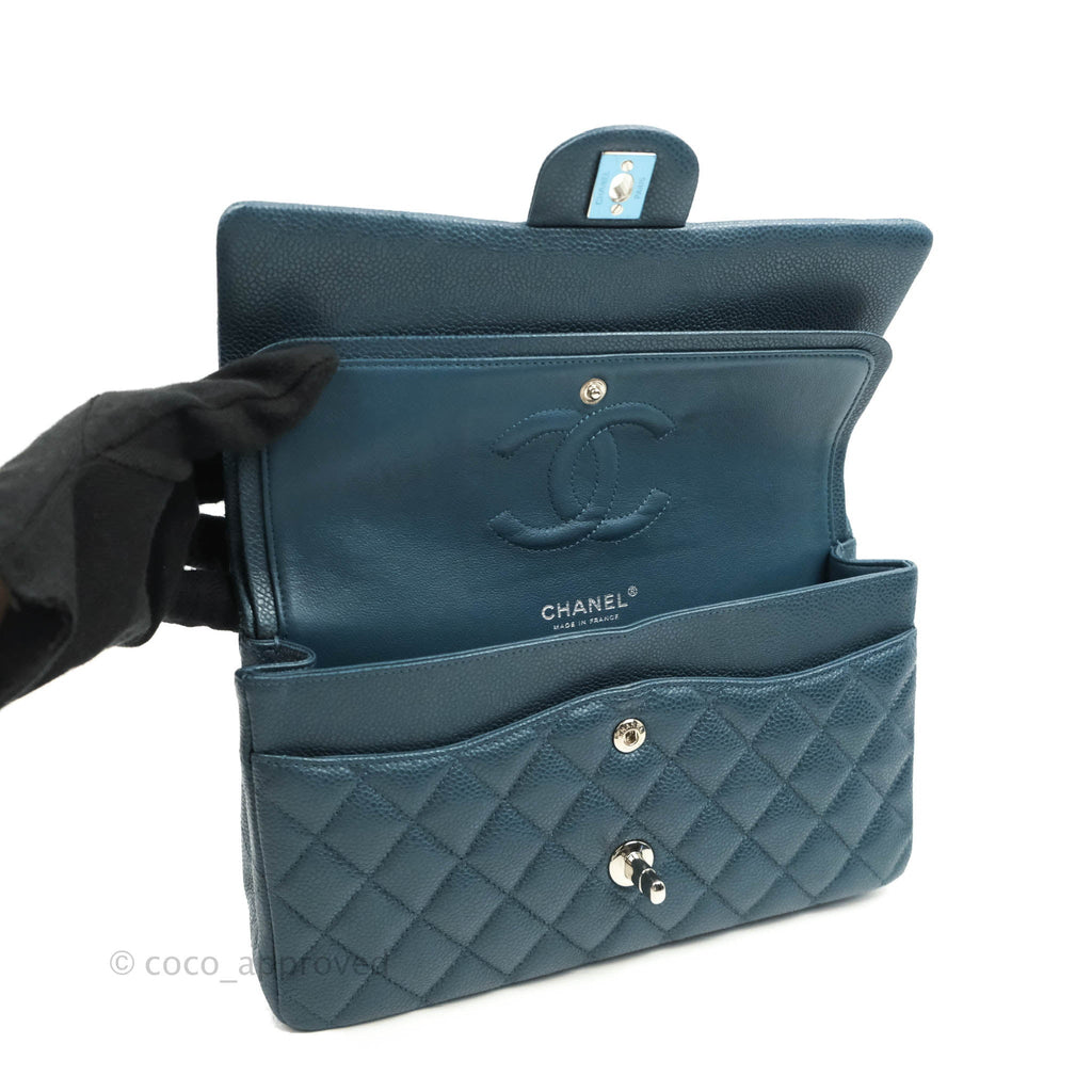 Chanel Classic M/L Medium Double Flap Grey Blue Caviar Silver Hardware