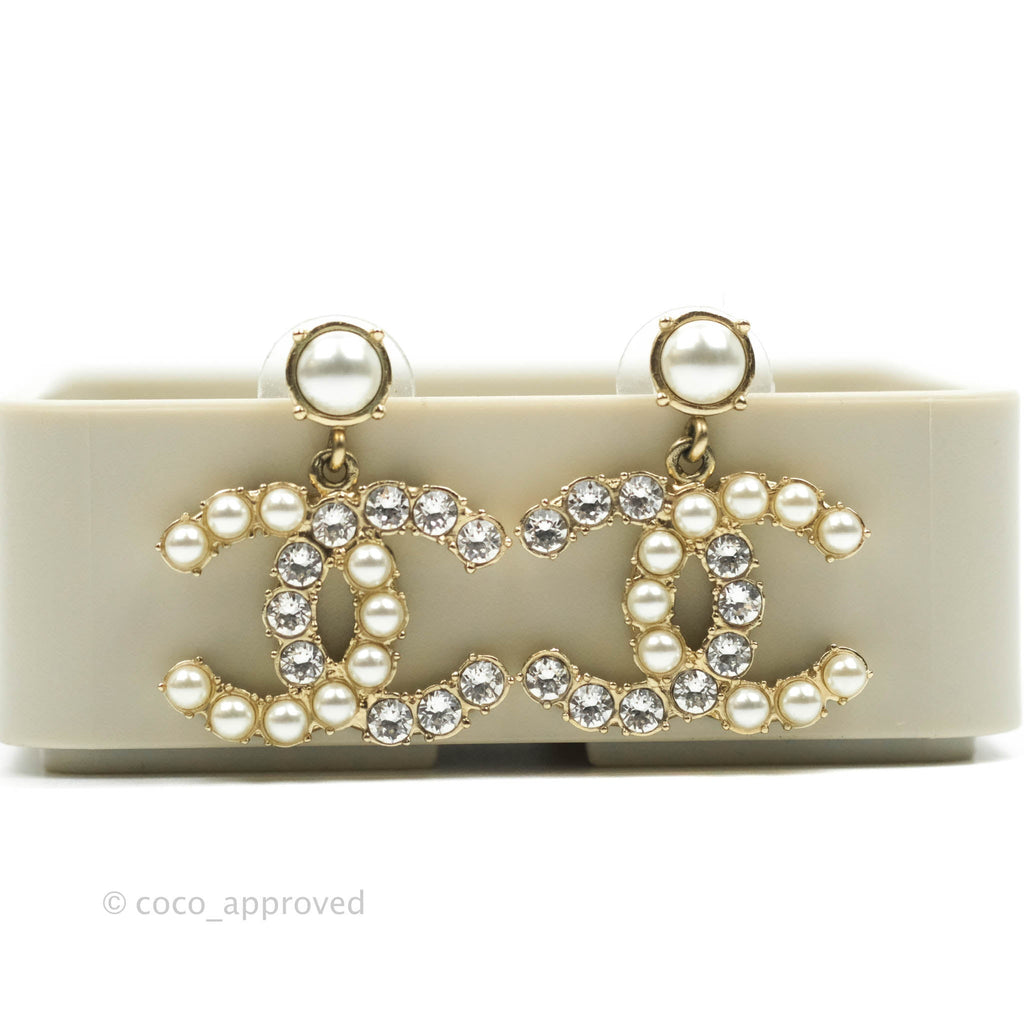 Chanel Pearl Crystal Drop CC Earrings Light Gold Tone 20B