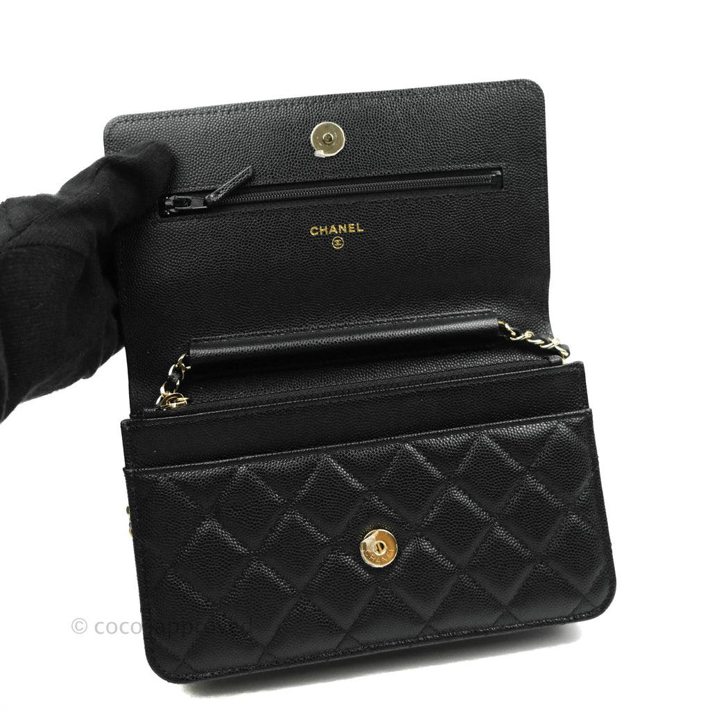 Chanel Quilted WOC Black Caviar Gold Hardware With Charms