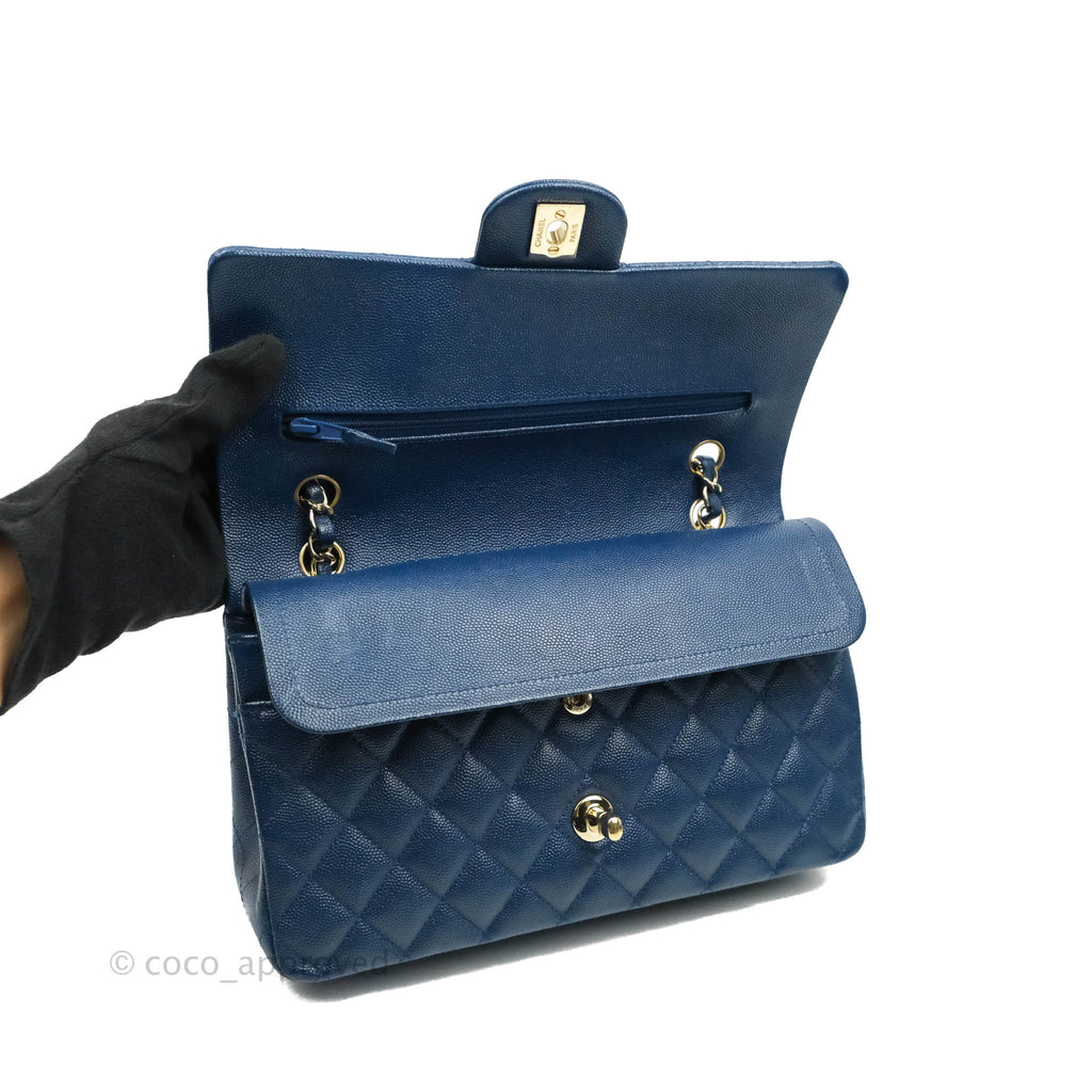 Chanel Quilted M/L Medium Double Flap Blue Caviar Gold Hardware