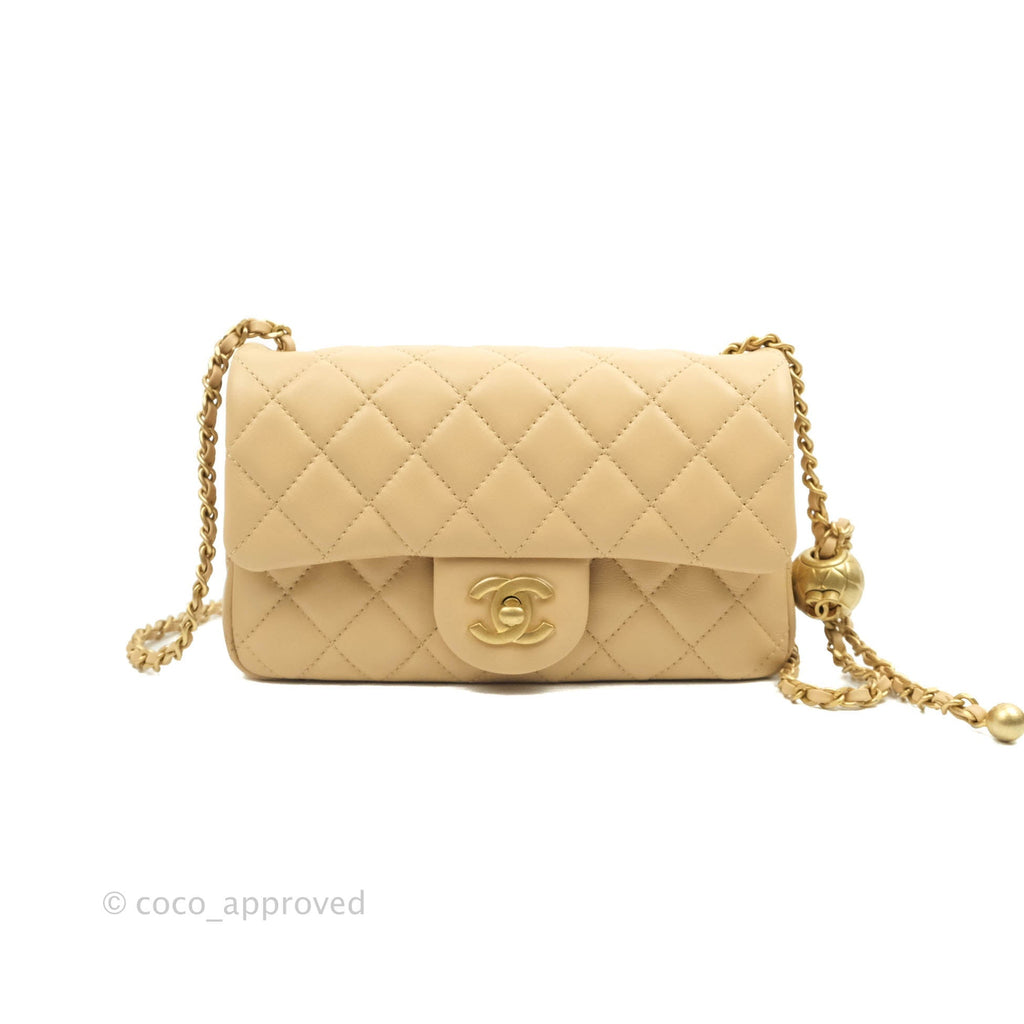 Chanel Mini Rectangular Pearl Crush Quilted Beige Lambskin Aged Gold Hardware