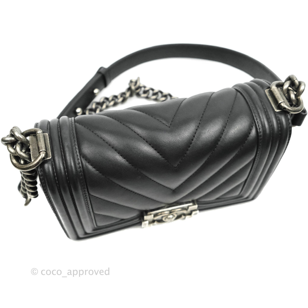 Chanel Small Chevron Boy Black Calfskin Ruthenium Hardware