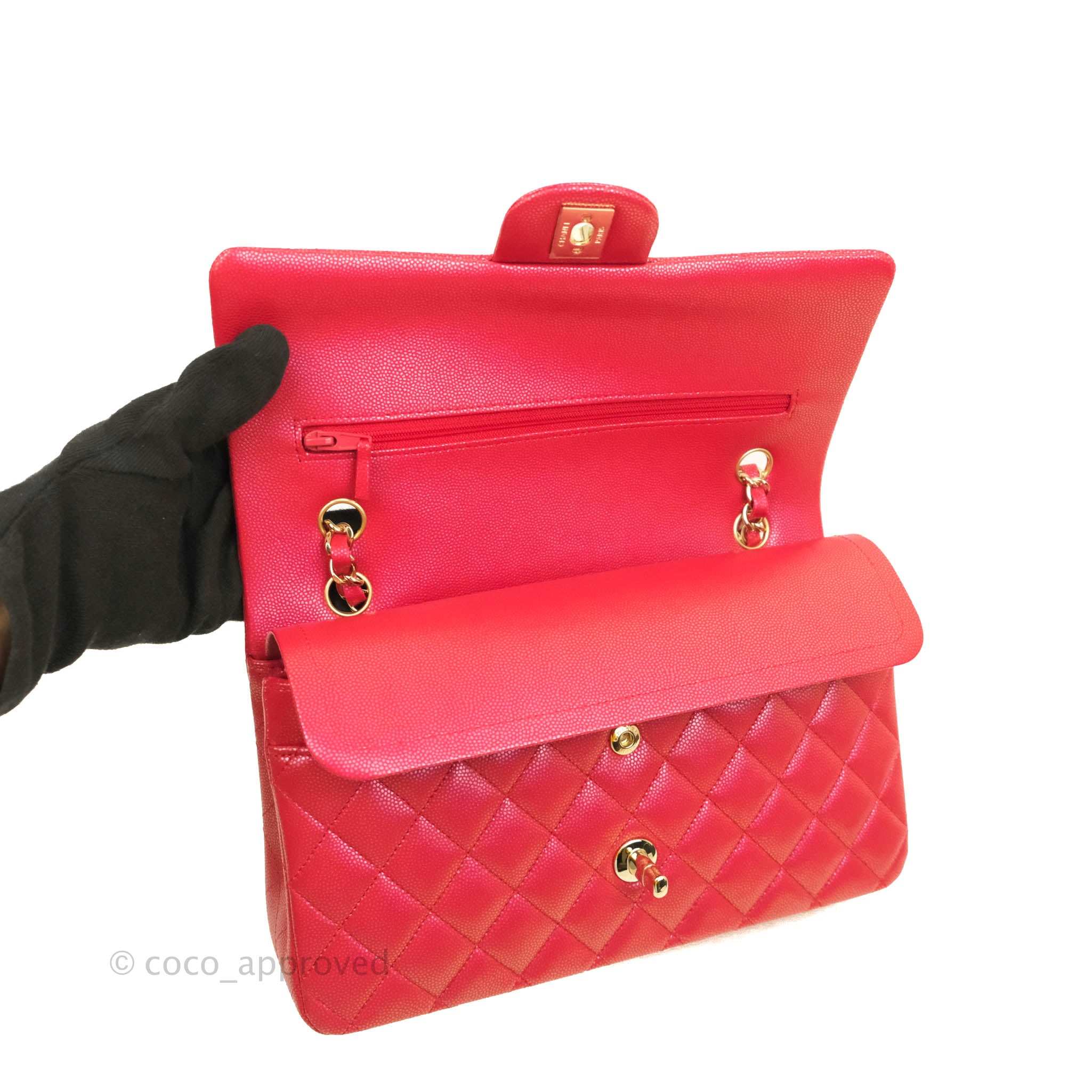 Chanel Classic M/L Medium Double Flap Iridescent Red Caviar Gold Hardw –  Coco Approved Studio