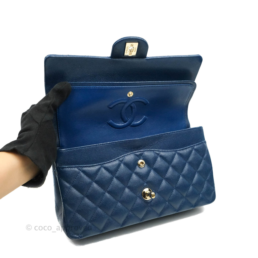 Chanel Quilted M/L Medium Double Flap Blue Caviar Gold Hardware