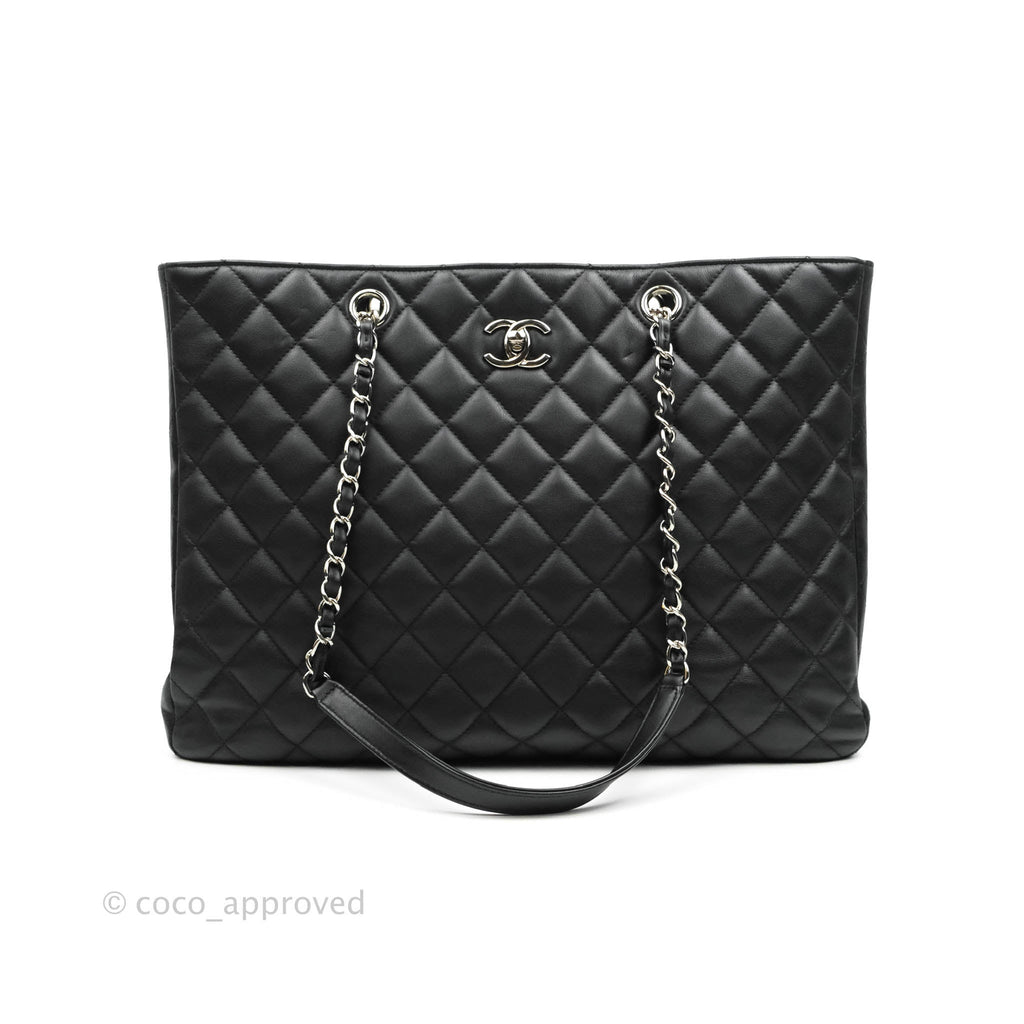 Chanel Classic Large Quilted Shopping Bag Black Calfskin Silver Hardware