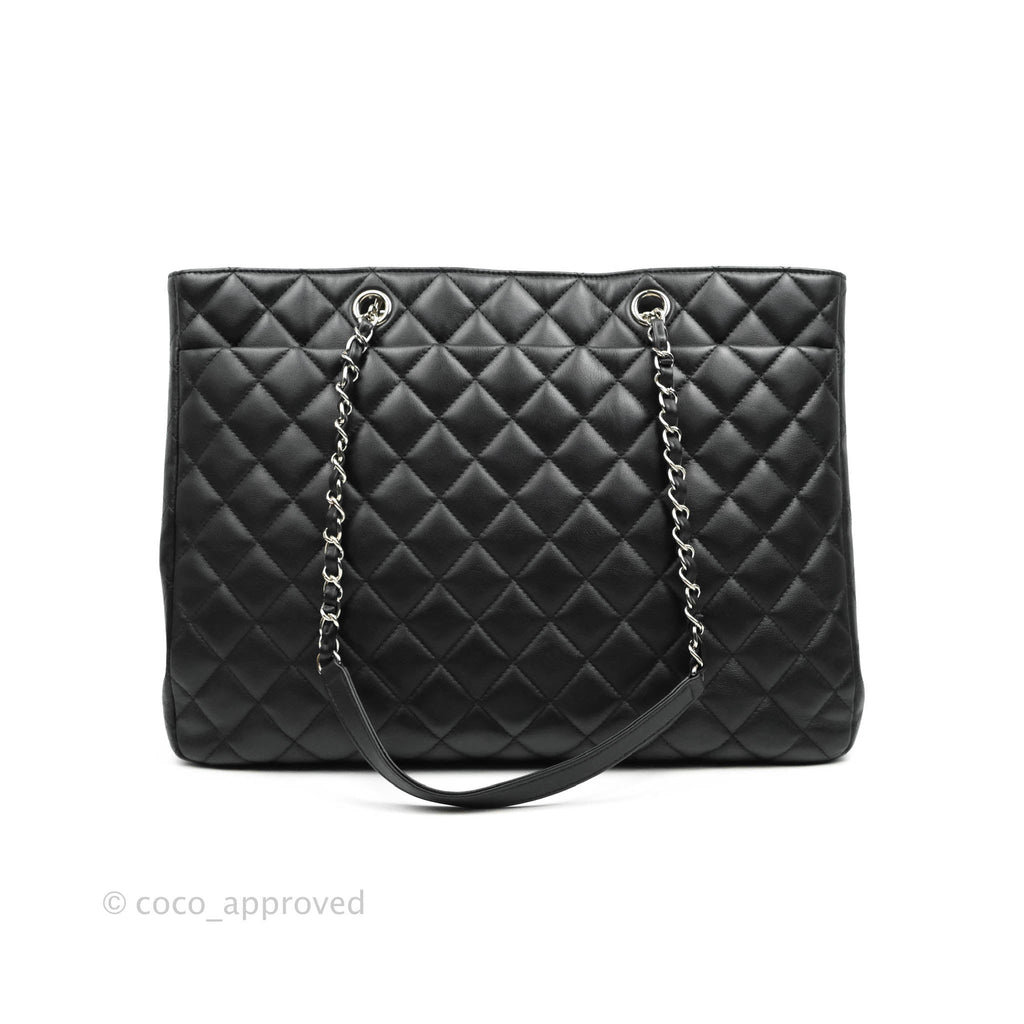 Chanel Classic Large Quilted Shopping Bag Black Calfskin Silver Hardware