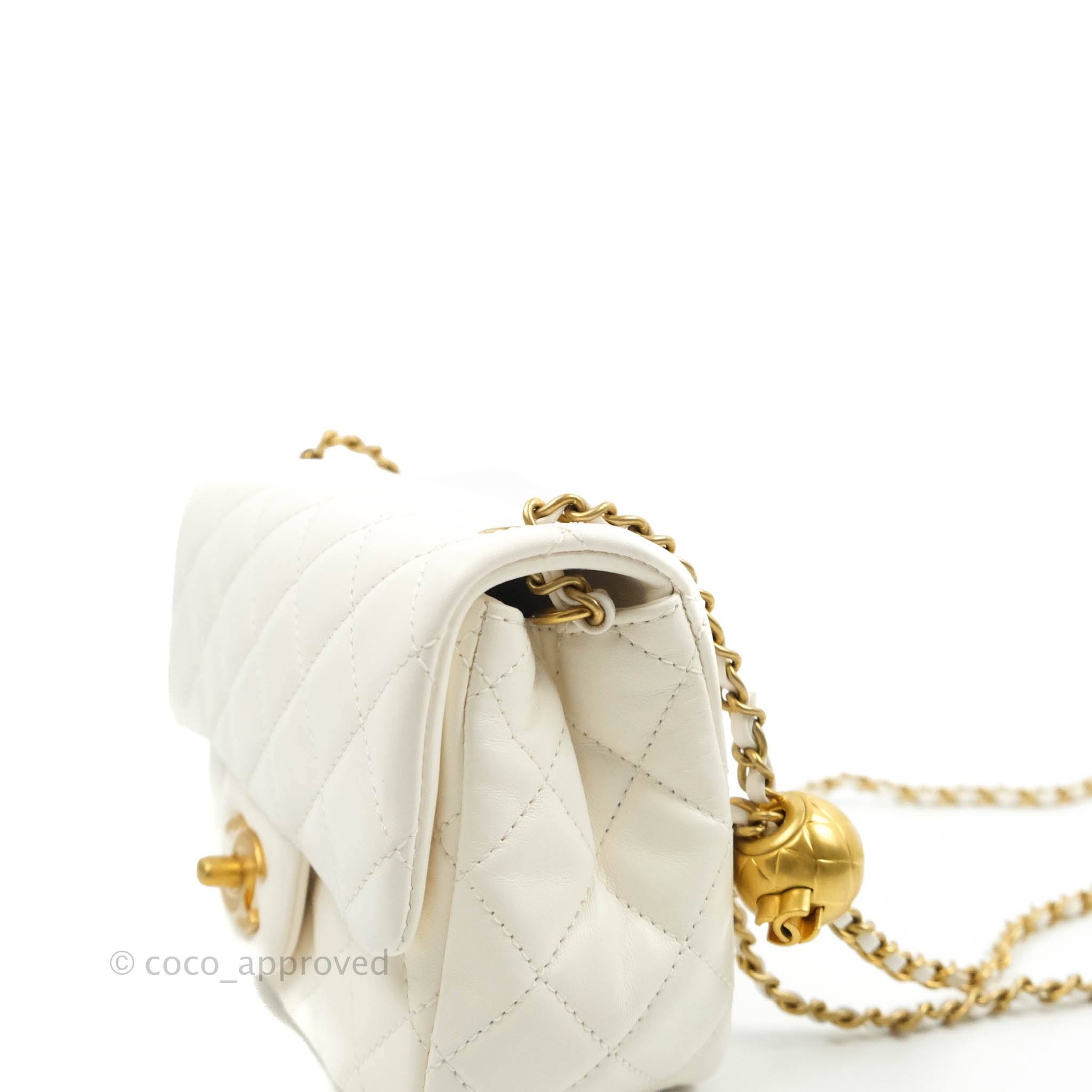 Chanel Mini Square Pearl Crush Quilted White Lambskin Gold