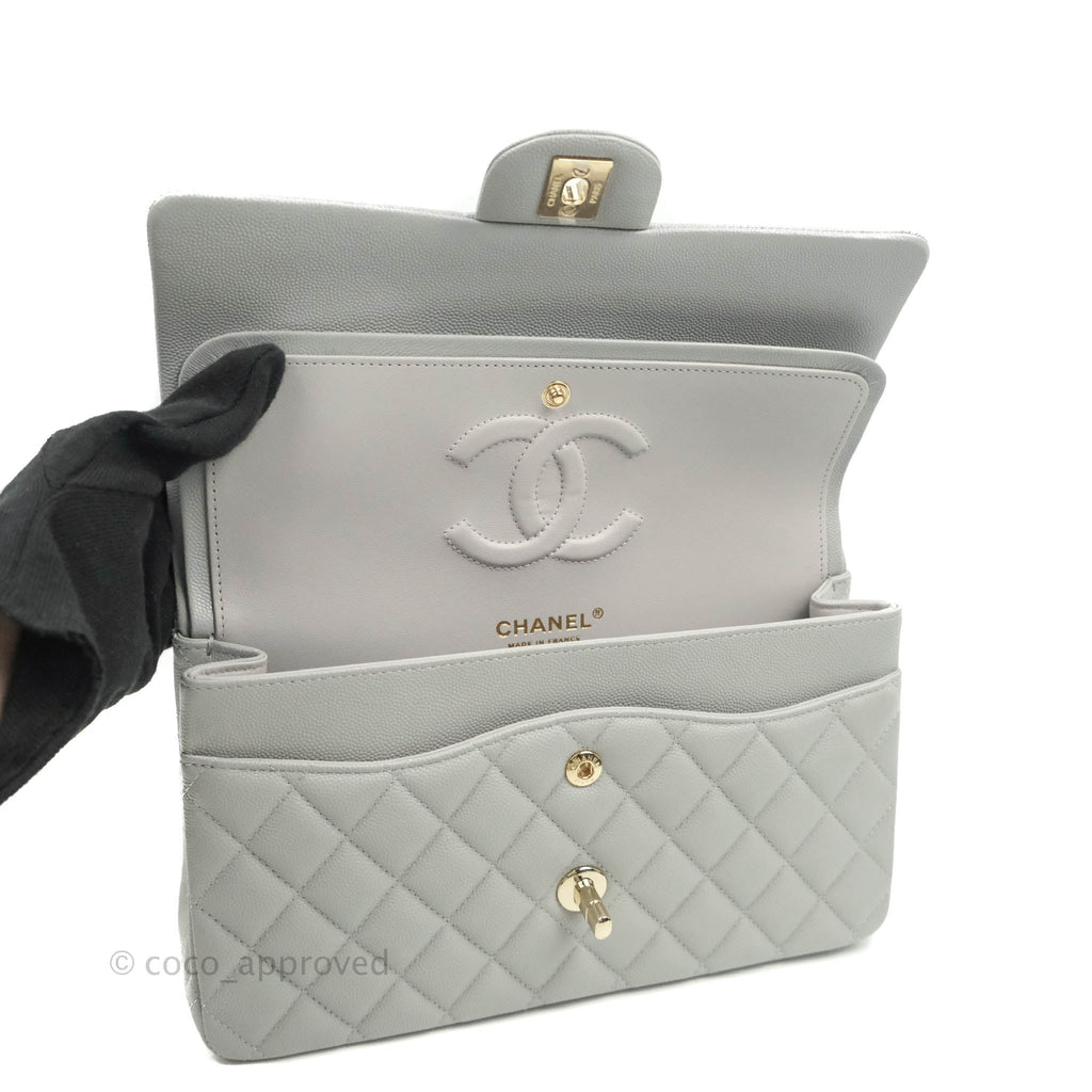 Chanel Classic M/L Medium Double Flap Light Grey Caviar Gold Hardware