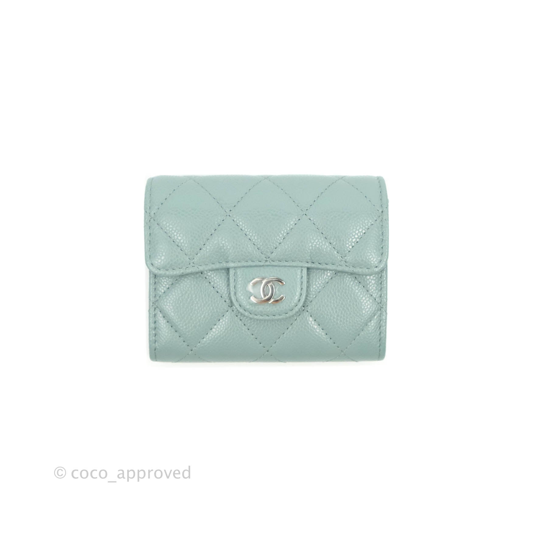 Chanel Mini Wallet With Chain Light Blue Caviar Silver Hardware