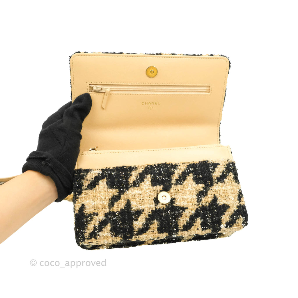 Chanel 19 Wallet On Chain WOC Houndstooth Beige Black Tweed Gold Hardware