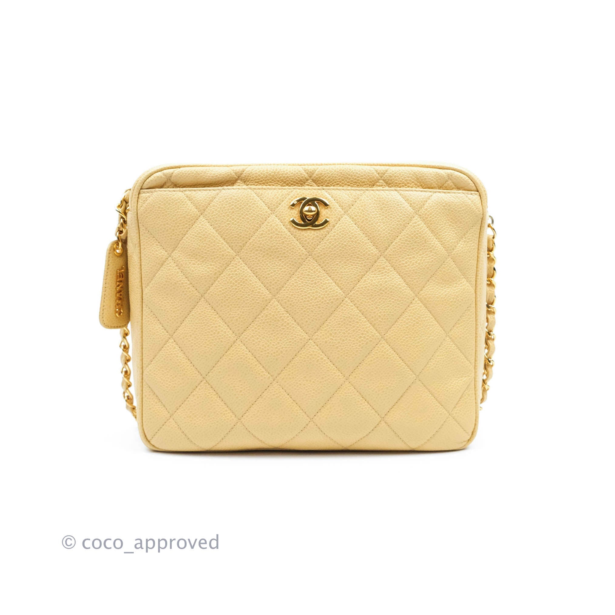 Chanel Vintage CC Large Square Camera Bag Beige Caviar 24K Gold Hardwa –  Coco Approved Studio