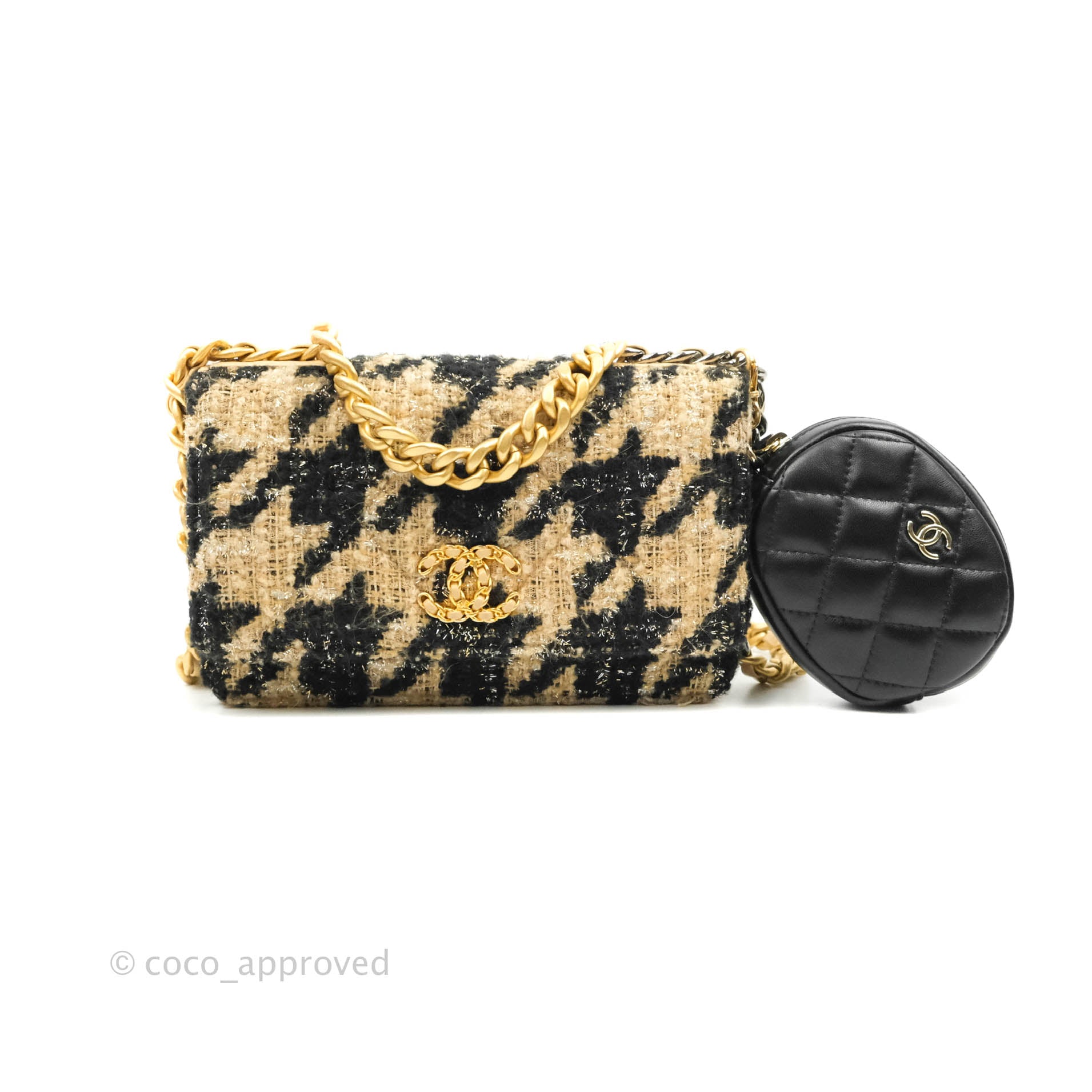 Chanel 19 Wallet On Chain WOC Houndstooth Beige Black Tweed Gold