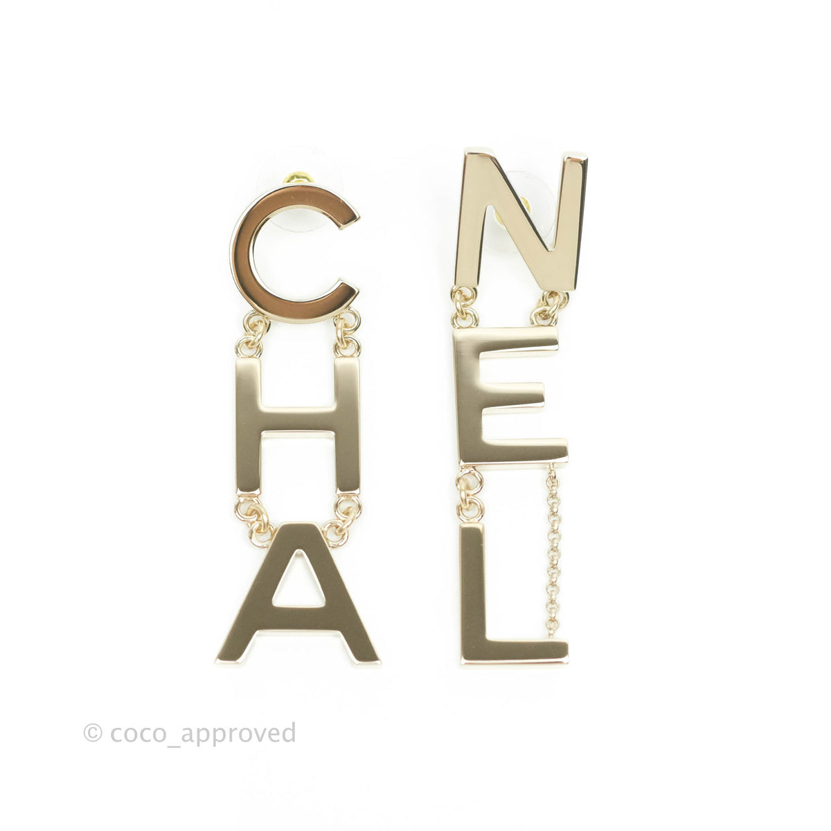 Chanel Letter Cha-Nel Logo Drop Earrings Gold Tone 21V