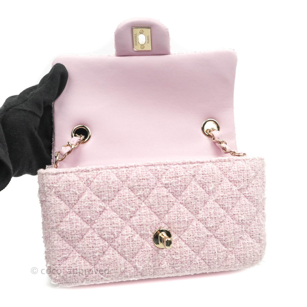 Chanel Quilted Mini Rectangular Flap Pink Tweed Gold Hardware