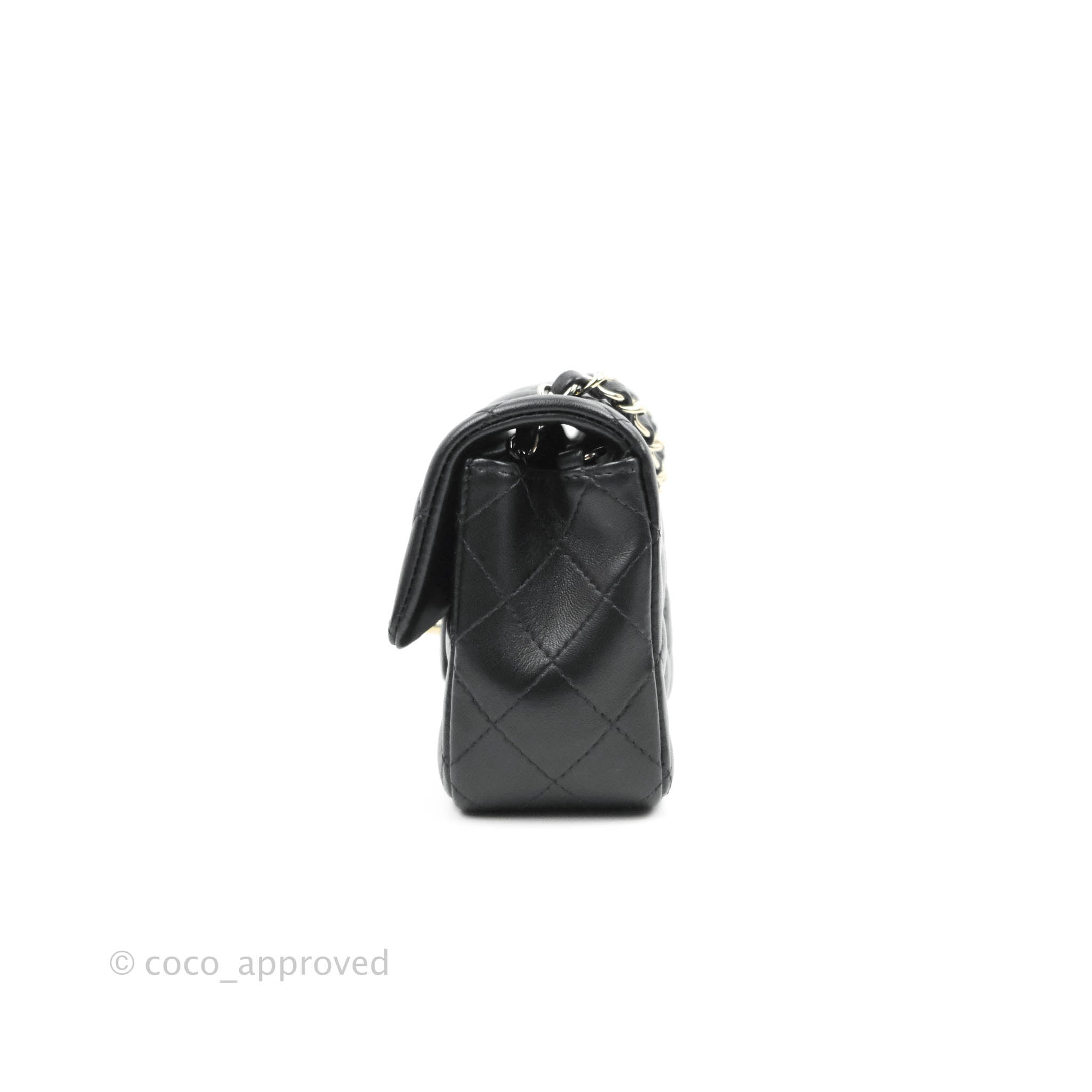 Chanel Mini Flap Bag With Pearl And Woven Chain CC Logo Black Lambskin –  Coco Approved Studio