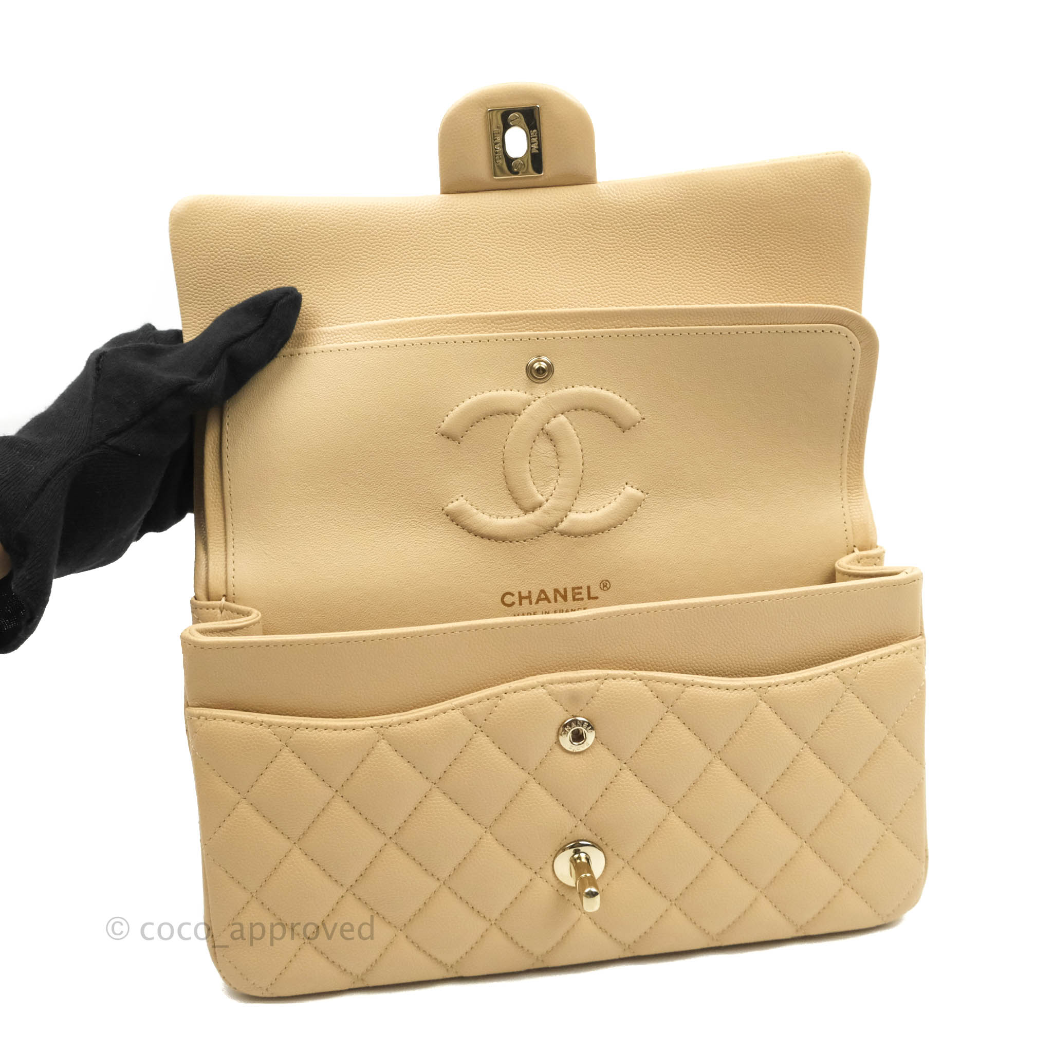 Chanel Quilted M/L Medium Double Flap Beige Caviar Gold Hardware 19C – Coco  Approved Studio